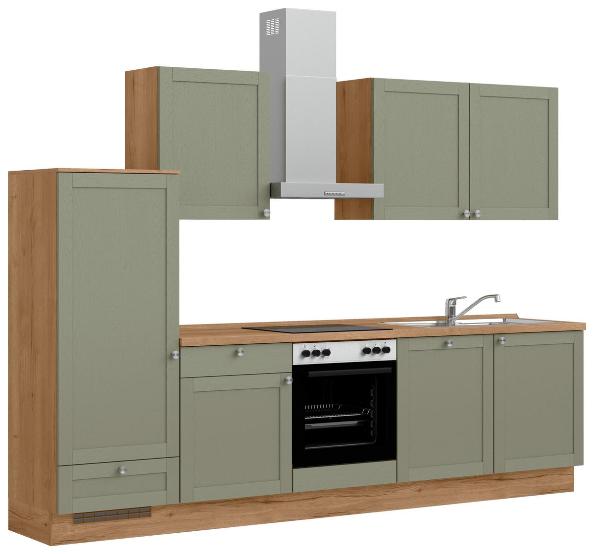 Küchenleerblock Frame Low o. Geräte Olivgrün - Edelstahlfarben/Eichefarben, MODERN, Holzwerkstoff/Metall (300cm) - Nobilia
