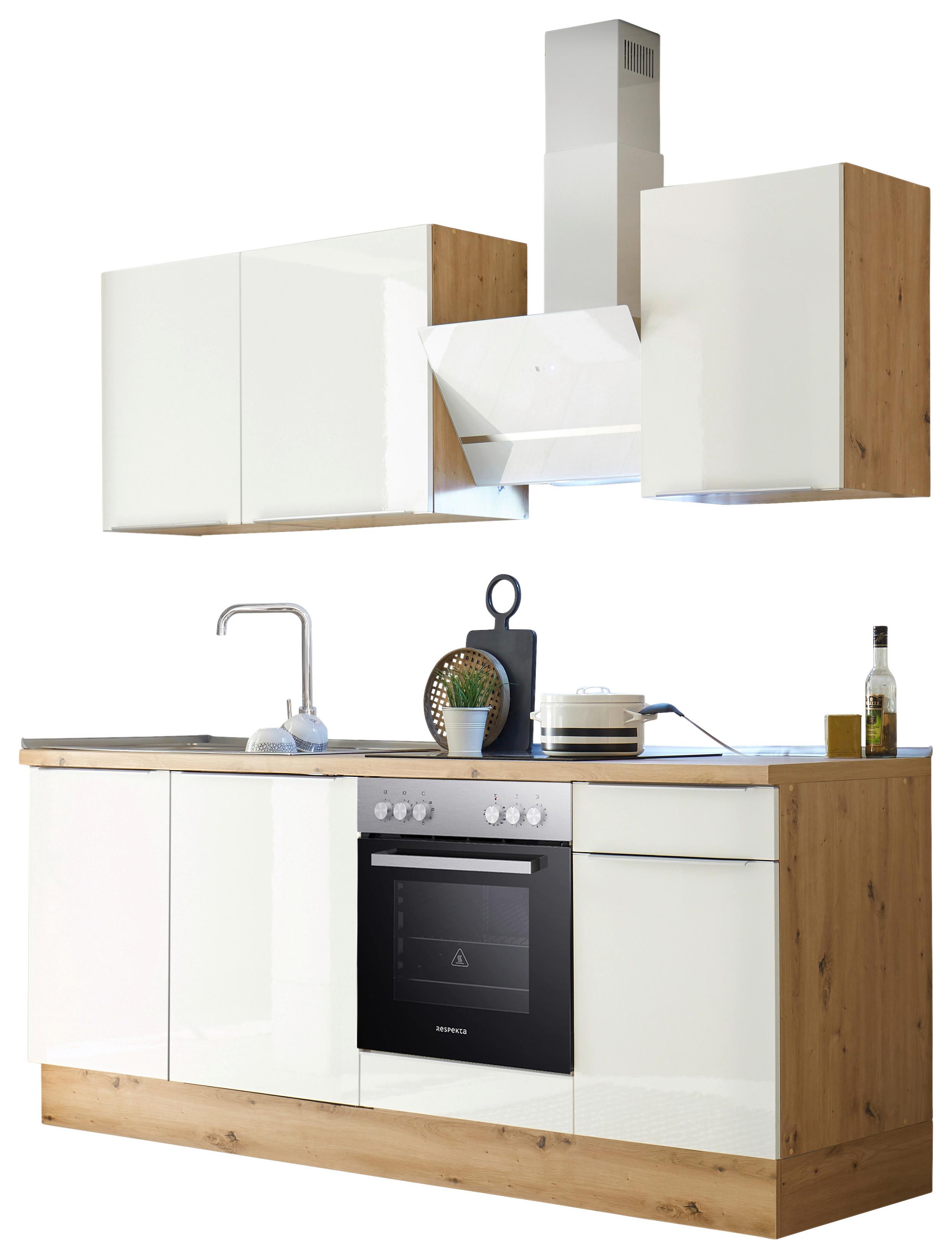 Küchenblock mit Geräten Weiß B: ca. 220 cm - Weiß Hochglanz/Alufarben, LIFESTYLE, Holzwerkstoff/Kunststoff (220cm) - Respekta
