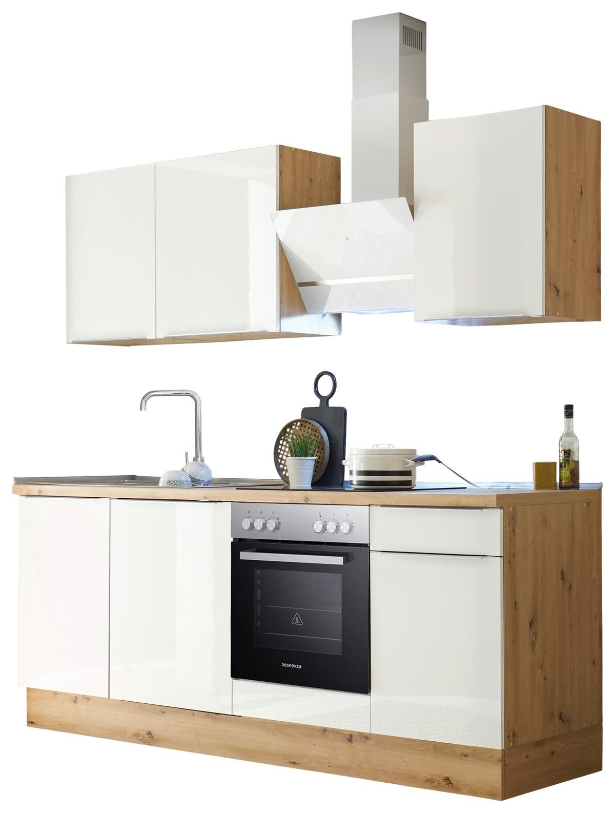 Küchenblock mit Geräten Weiß B: ca. 220 cm - Weiß Hochglanz/Alufarben, LIFESTYLE, Holzwerkstoff/Kunststoff (220cm) - Respekta