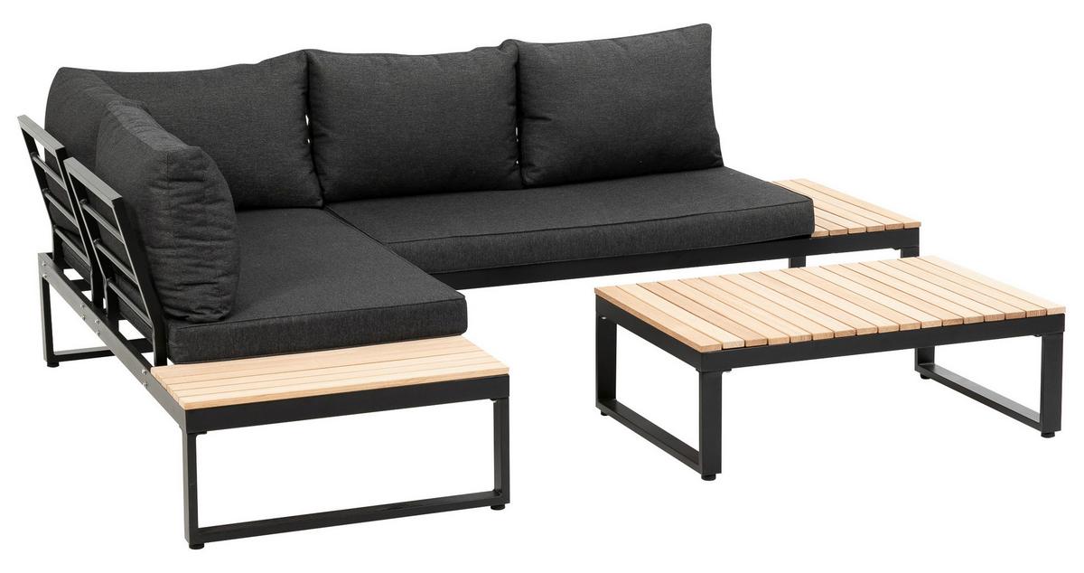Loungegarnitur 3-tlg Rio Echtholz/Metall mit Kissen - Anthrazit/Braun, MODERN, Holz/Textil (178/68/228,5cm) - Gardenson