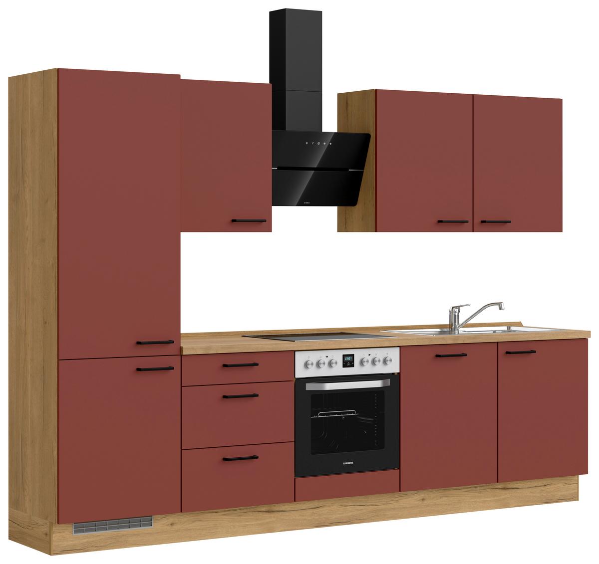 Küchenblock Easytouch High m. Geräten Dunkelrot - Eichefarben/Schwarz, MODERN, Holzwerkstoff/Metall (300cm) - Nobilia