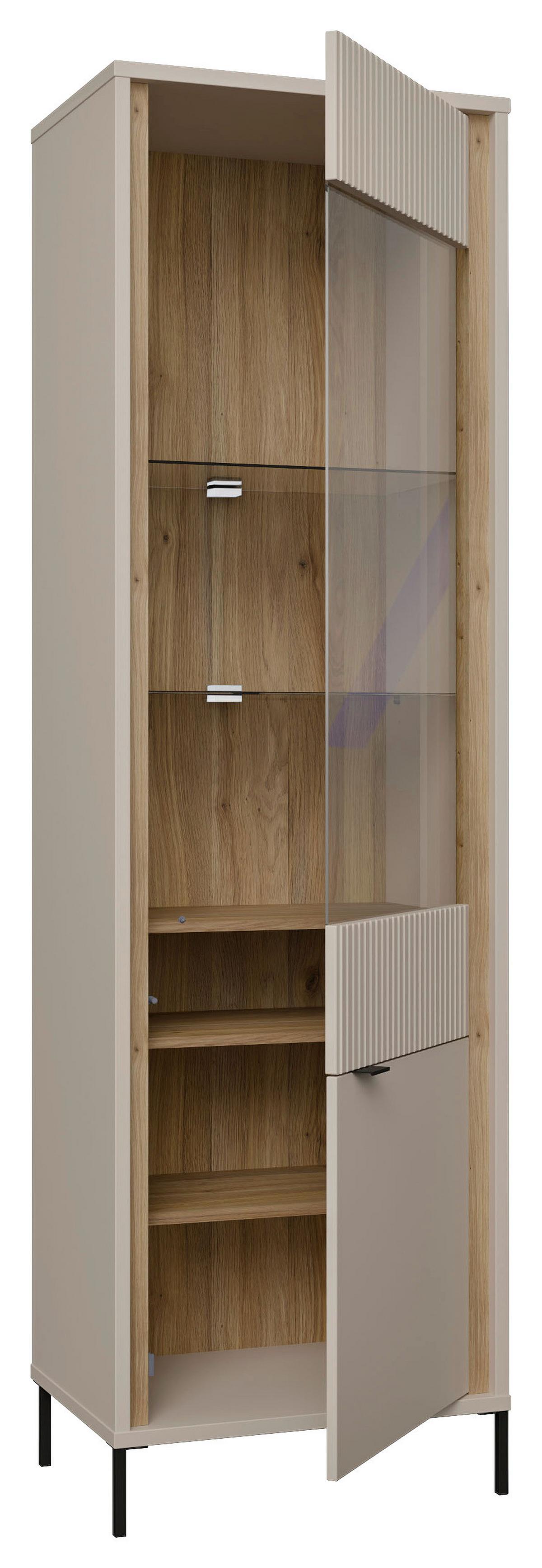 Comodă înaltă SERAVEL - culoare lemn stejar/nisipiu, Natur, sticlă/metal (59,4/199,2/41,5cm) - Modern Living