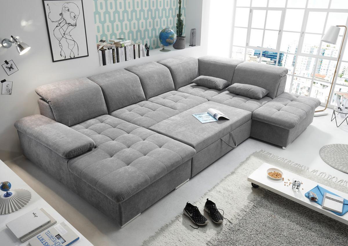 Wohnlandschaft Wayne U inkl. Kissen Grau - Silberfarben/Grau, KONVENTIONELL, Kunststoff/Textil (188/340/240cm) - MID.YOU