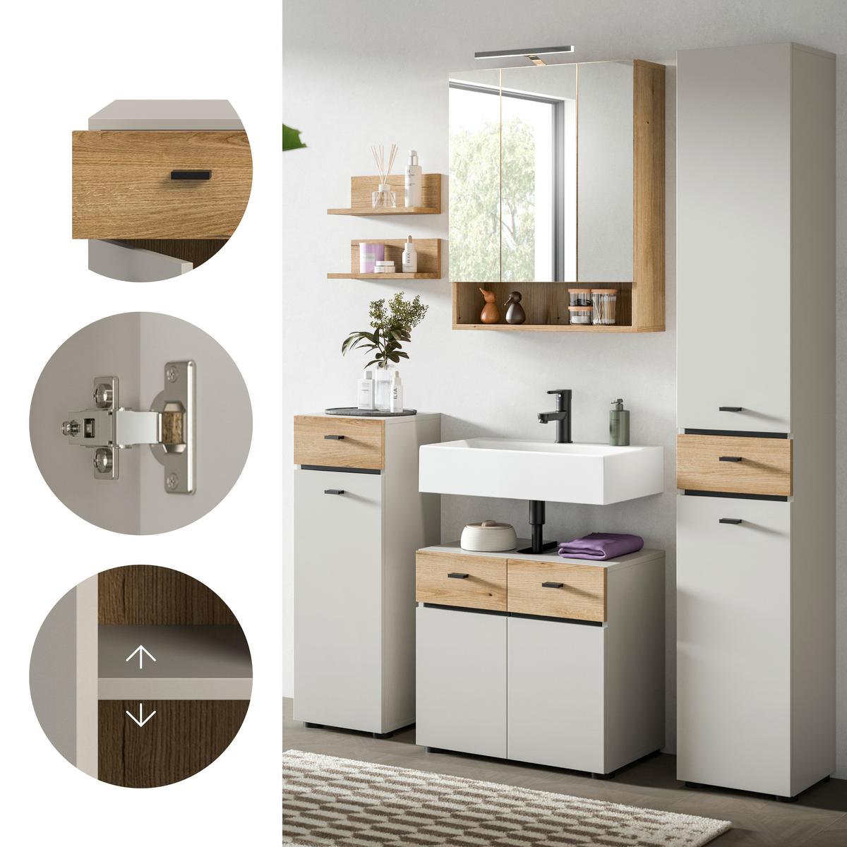 Badezimmer Aqua Eichefarben/Kaschmir 5-teilig - Kaschmir/Eichefarben, Trend, Glas/Holzwerkstoff (124cm) - MID.YOU