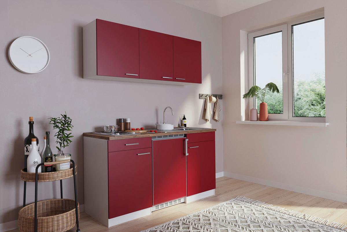 Miniküche Economy m. Geräten Rot B: ca. 150 cm - Edelstahlfarben/Rot, Basics, Holzwerkstoff/Kunststoff (150cm) - Respekta