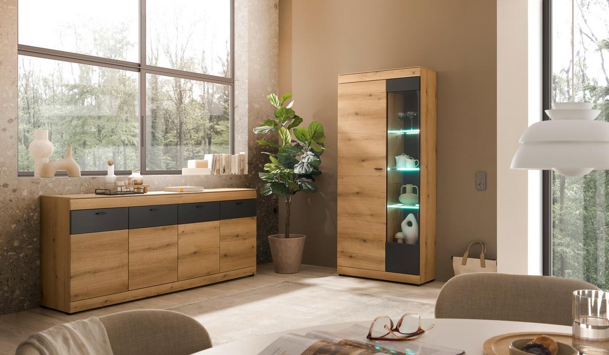 WOHNWAND SOLETO - Eichefarben/Graphitfarben, Design, Glas/Holzwerkstoff - MID.YOU