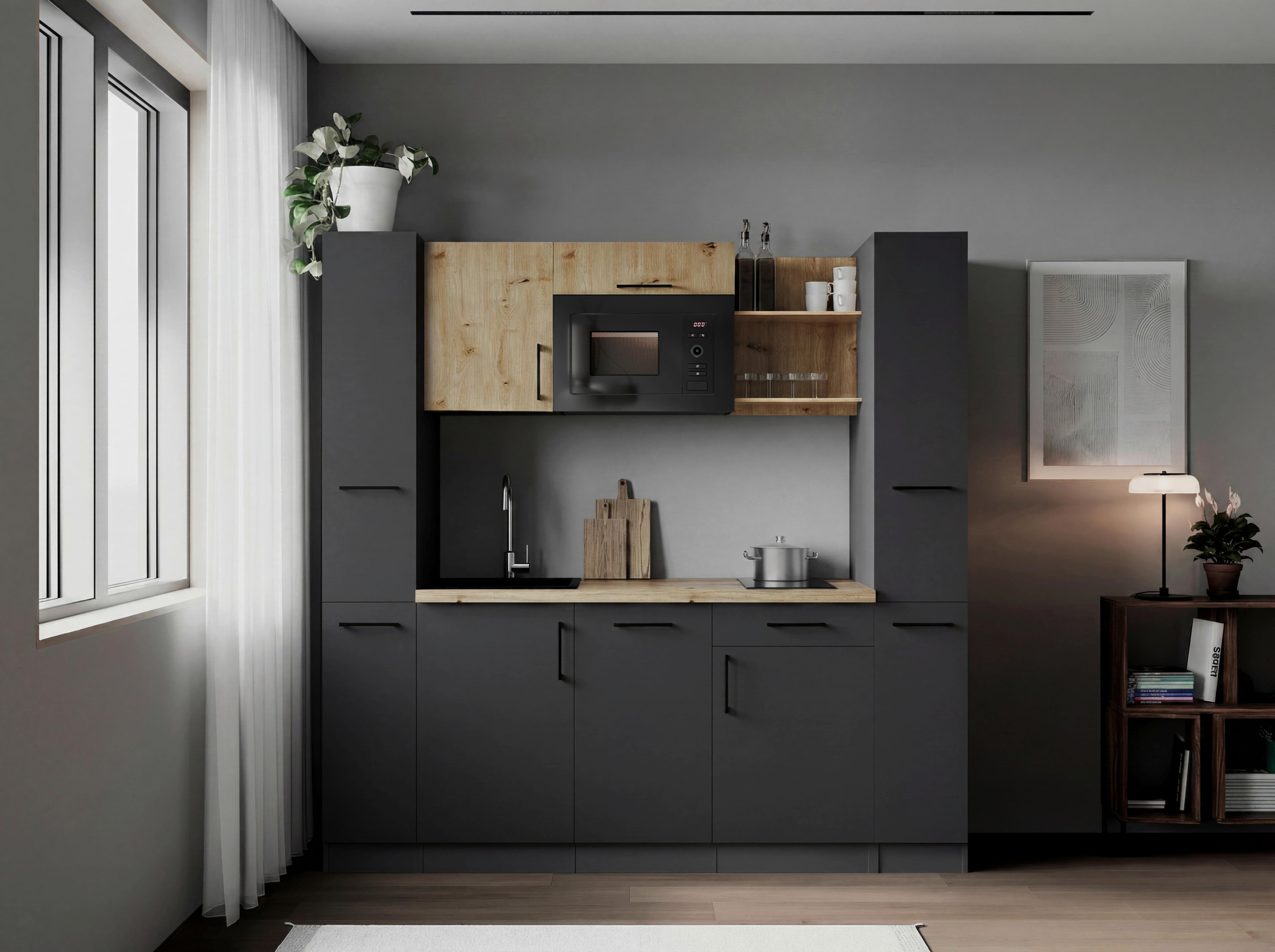 Küchenblock Oliver m. Geräten Grau - Eiche Artisan/Grau, Trend, Holzwerkstoff/Metall (205cm) - Respekta