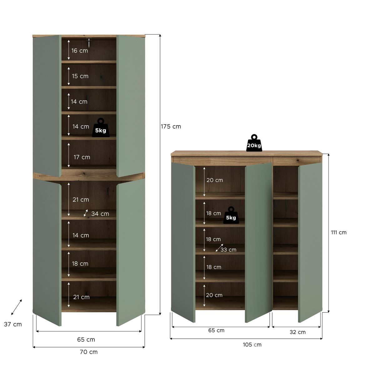 Garderobenschrank Scarpa Graugrün/Eiche - Eichefarben/Schwarz, Design, Holzwerkstoff/Kunststoff (190/175/37cm) - Livetastic