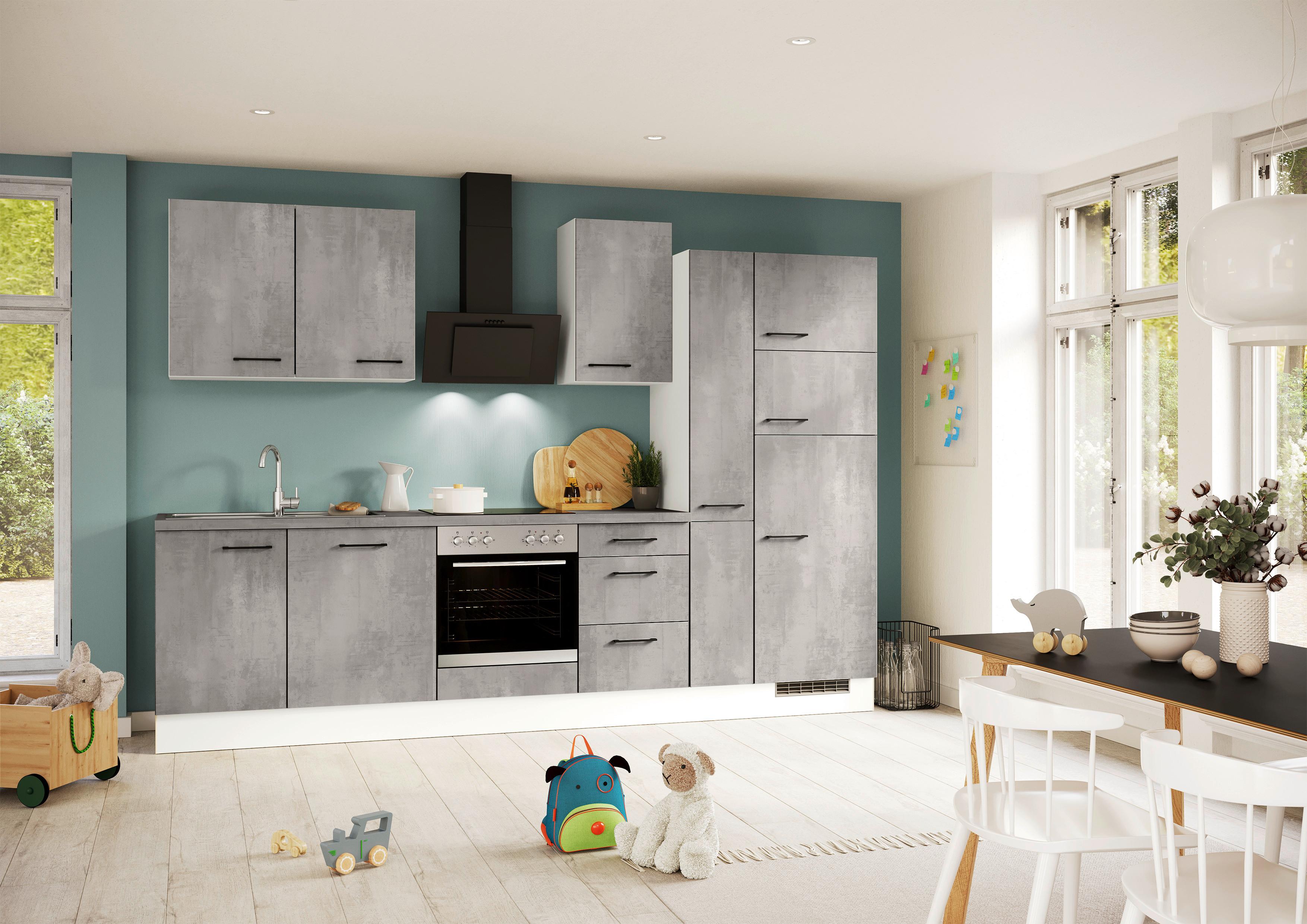 Küchenblock inkl. 5 E-Geräte IP1200 Grau/Weiß - Eichefarben/Schwarz, Trend, Holzwerkstoff/Metall (310cm) - Impuls