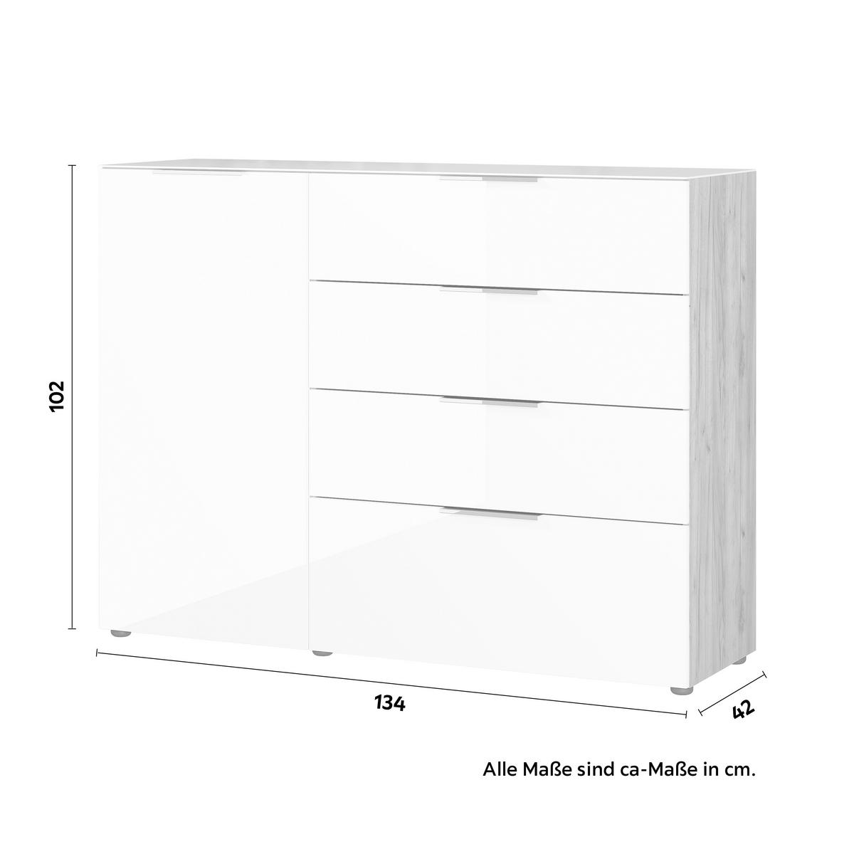 Sideboard Oakland in Weiß/Eichefarben - Chromfarben/Eichefarben, MODERN, Glas/Holzwerkstoff (134/102/42cm) - Premium Living