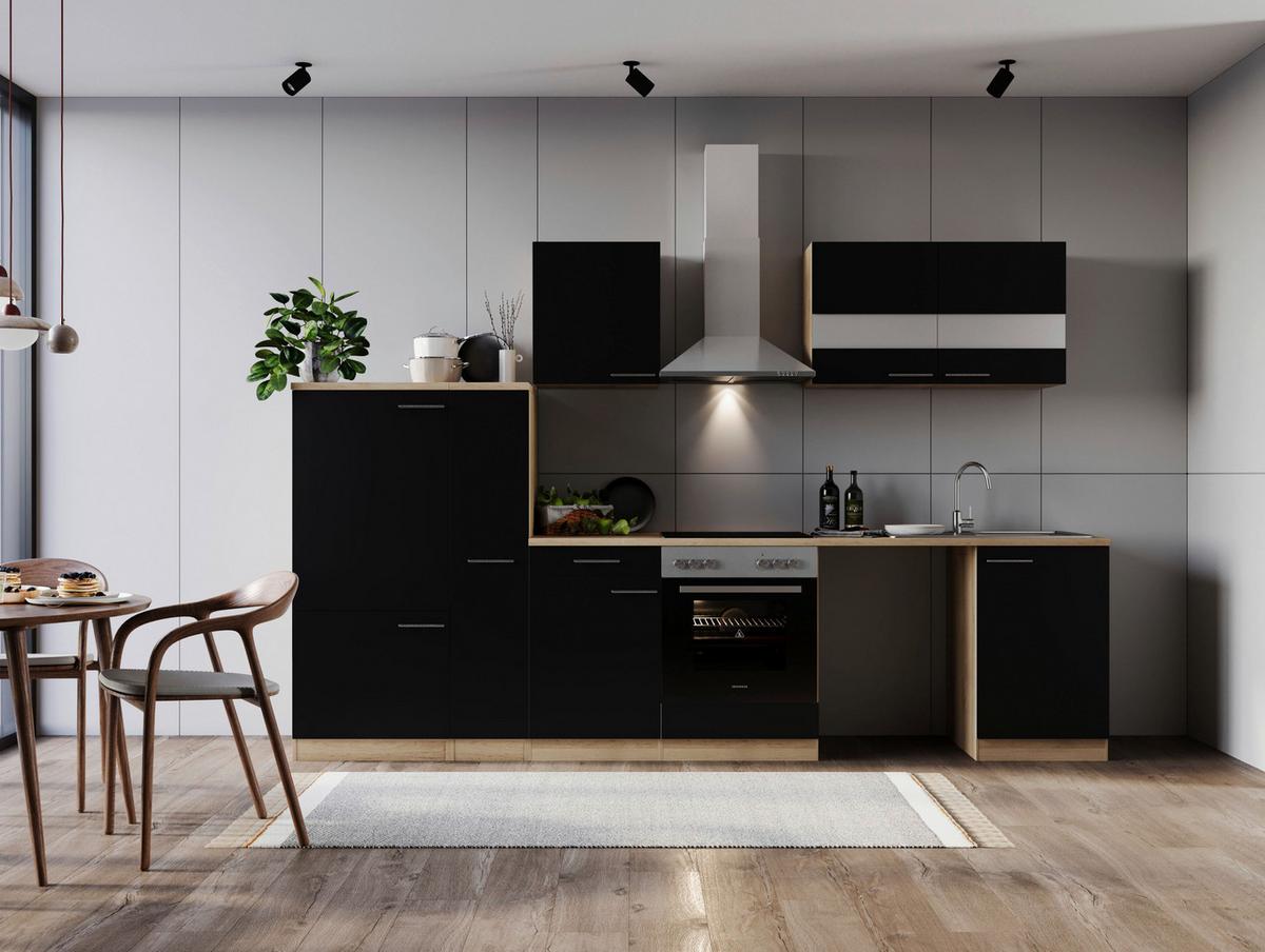 Küchenblock Merle m. Geräten Schwarz - Edelstahlfarben/Eichefarben, Basics, Glas/Holzwerkstoff (310cm) - Respekta