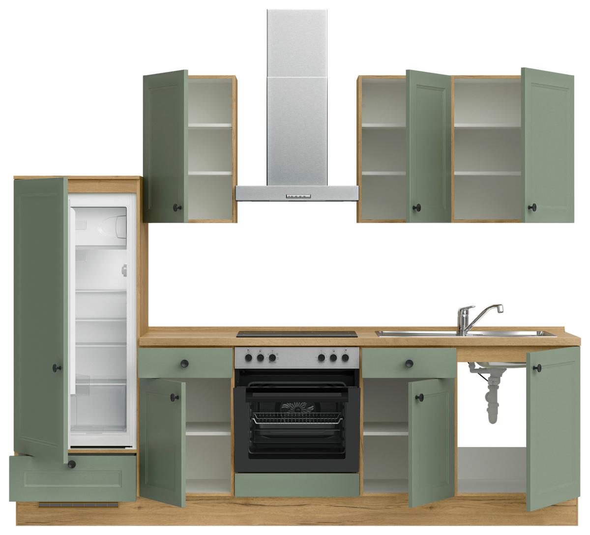 Küchenblock Cascada Low m. Geräten Schilfgrün - Schilfgrün/Eichefarben, MODERN, Holzwerkstoff/Metall (270cm) - Nobilia