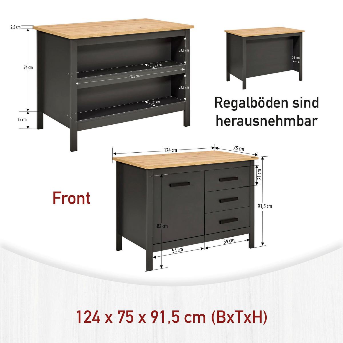 Kücheninsel Venet, Anthrazit/Artisan Eiche - Anthrazit/Schwarz, ROMANTIK / LANDHAUS, Holzwerkstoff/Metall (124/91/60cm) - Mömax