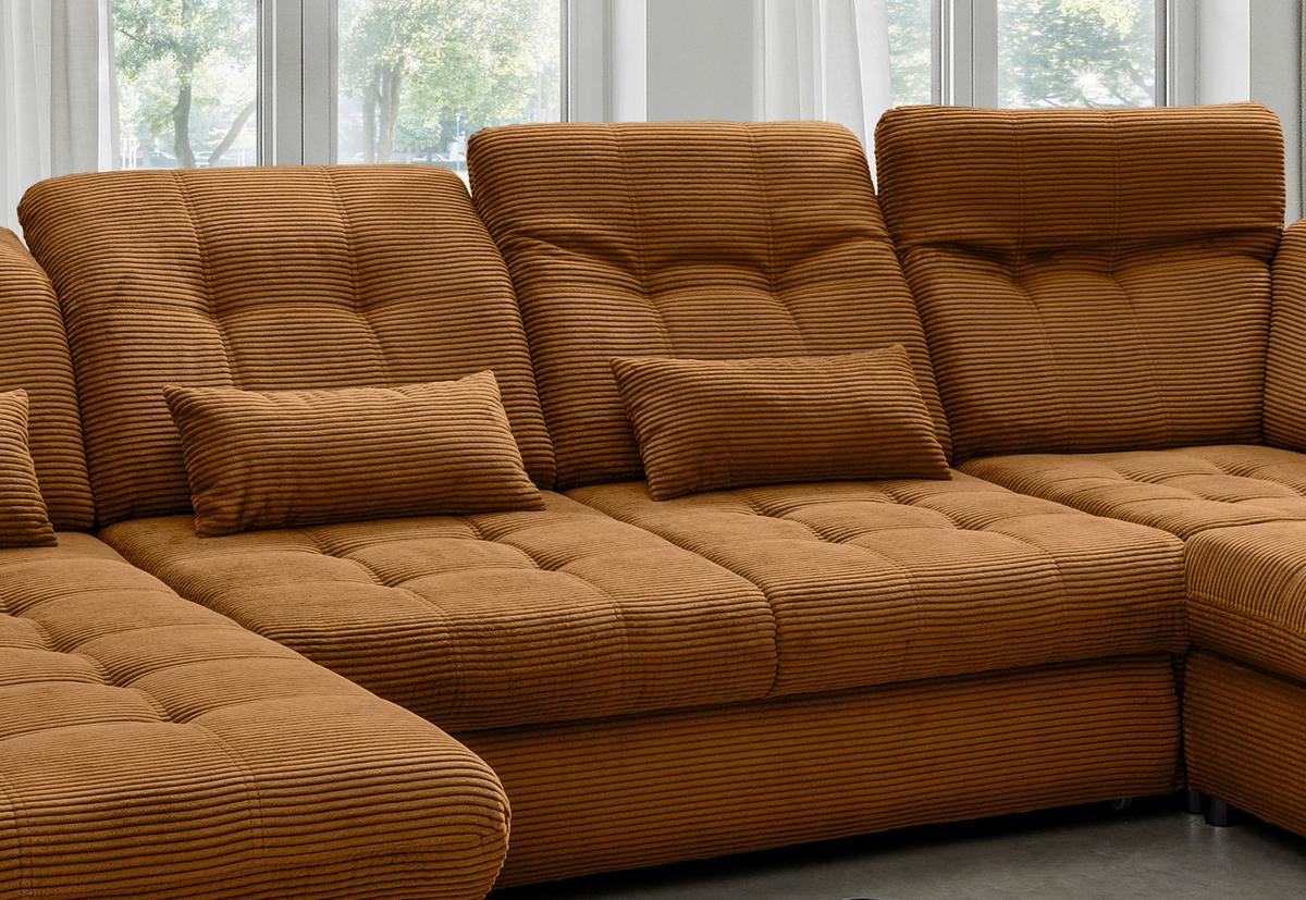 Wohnlandschaft Rigatti Gold Cord mit Bettkasten - Goldfarben/Schwarz, MODERN, Textil/Metall (184/387/252cm) - Livetastic