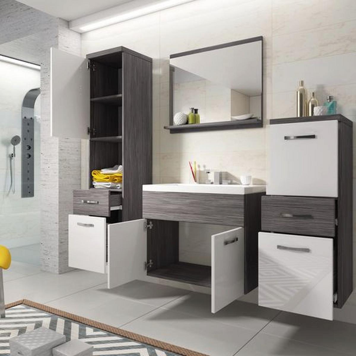 Badmöbel-Set 5-tlg. Alba ca. 140 cm Eiche Bodega/Weiß - Eichefarben/Weiß Hochglanz, LIFESTYLE, Holzwerkstoff/Metall (120cm) - P & B