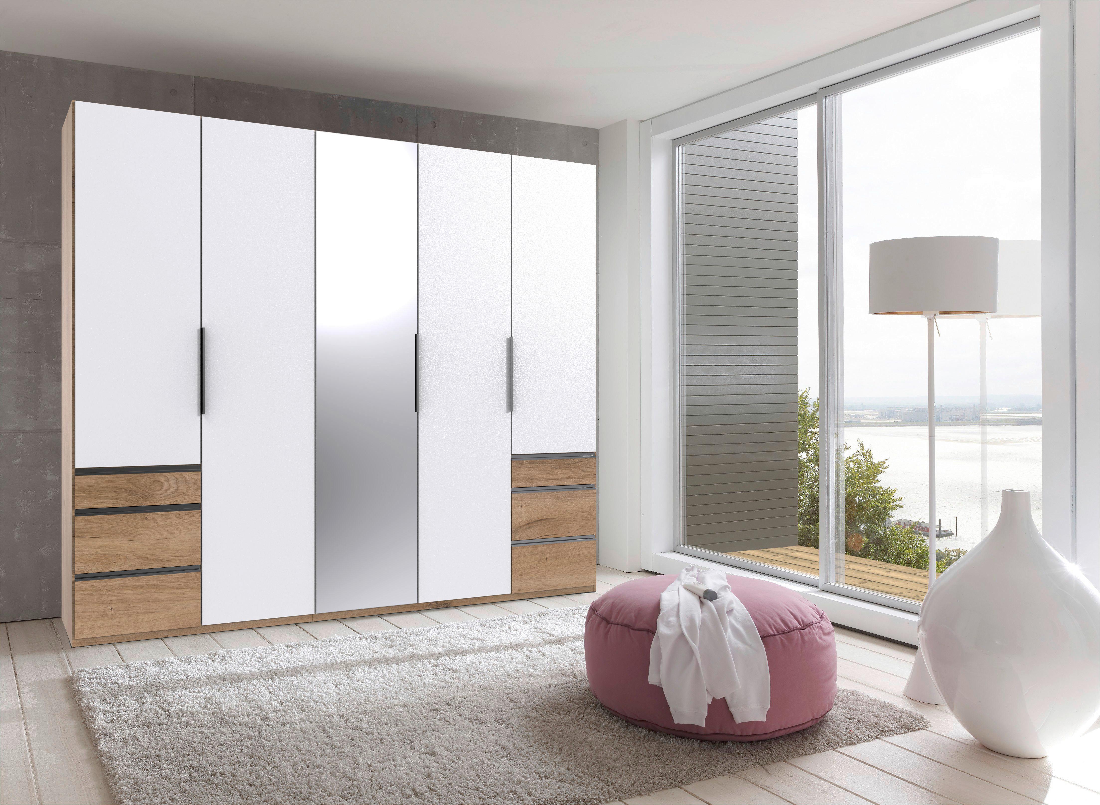 Drehtürenschrank Level 36A mit Spiegel ca. 250 cm Weiß/Eiche - Chromfarben/Eichefarben, MODERN, Glas/Holzwerkstoff (250/216/58cm) - MID.YOU