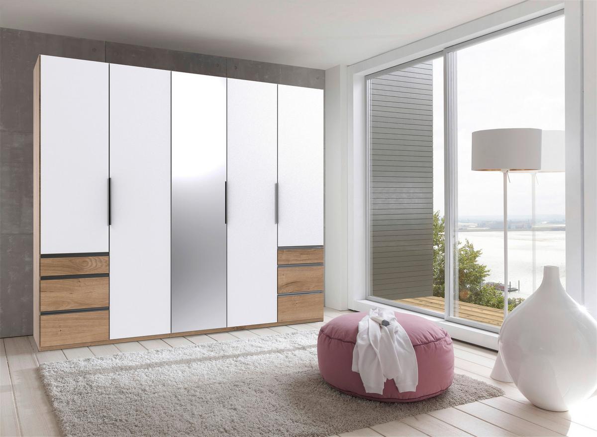 Drehtürenschrank Level 36A mit Spiegel ca. 250 cm Weiß/Eiche - Chromfarben/Eichefarben, MODERN, Glas/Holzwerkstoff (250/216/58cm) - MID.YOU