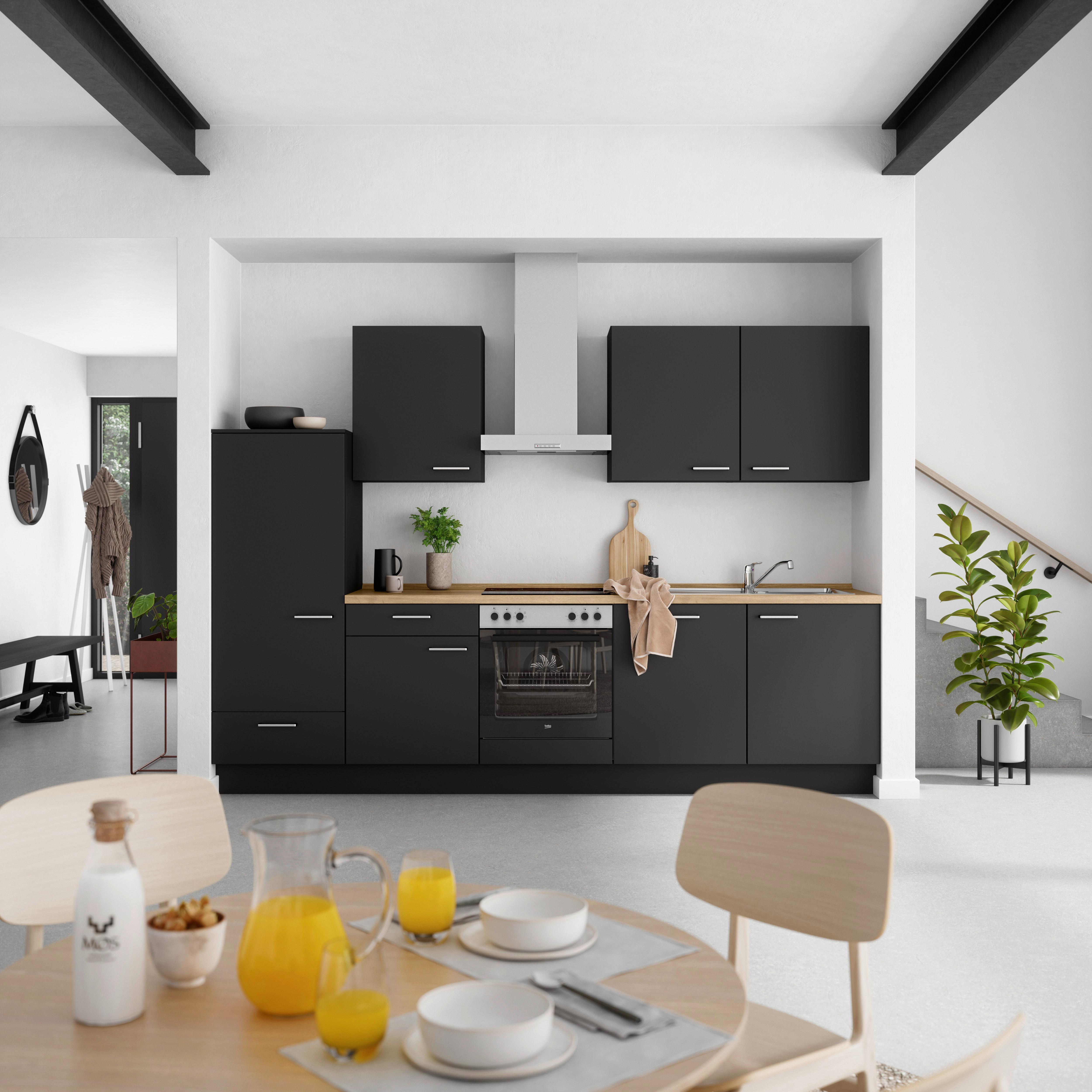 Küchenblock Touch Low m. Geräten Schwarz - Edelstahlfarben/Eichefarben, MODERN, Holzwerkstoff/Metall (300cm) - Nobilia