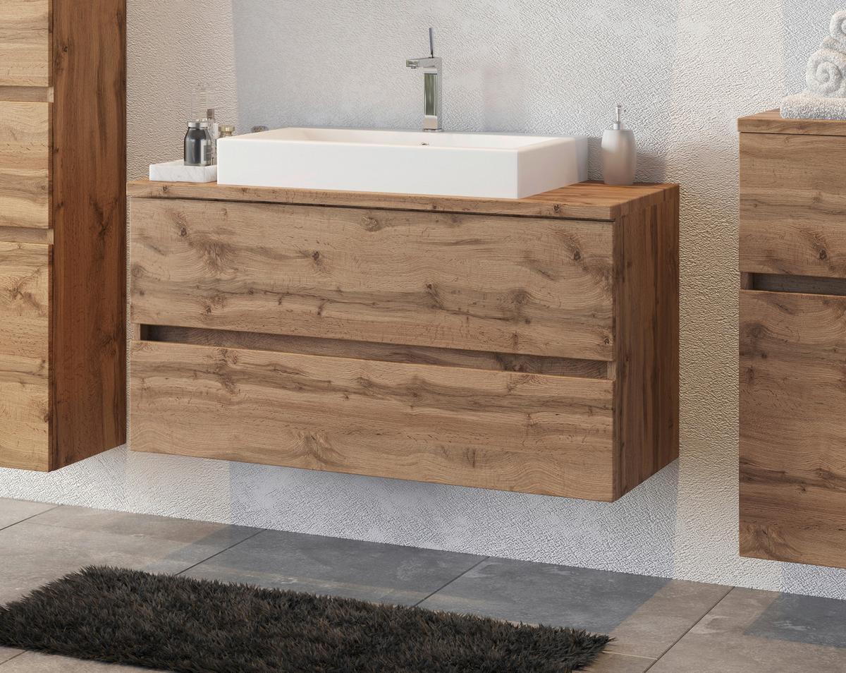 Waschtischkombi ''Pienza'', Eiche Wotan - Eiche Wotan/Weiß, MODERN, Keramik/Holzwerkstoff (100cm) - Held