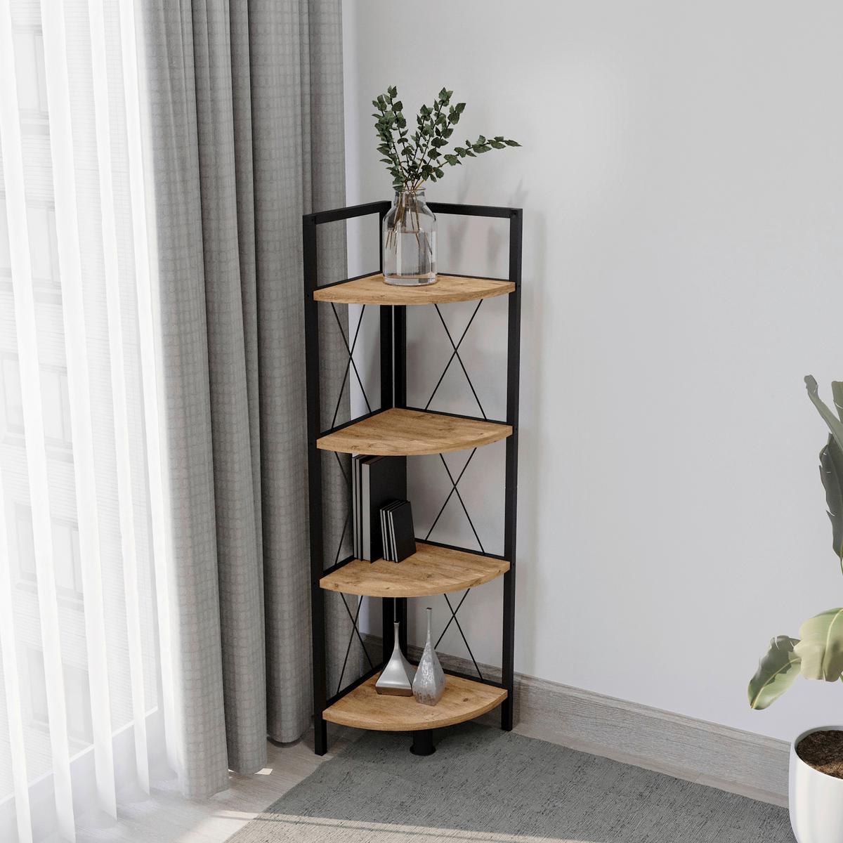 Eckregal INSASI 4 Honigeiche ca. 34x123x34 cm - Honigeiche/Schwarz, Design, Holzwerkstoff/Metall (34/123/34cm) - MID.YOU