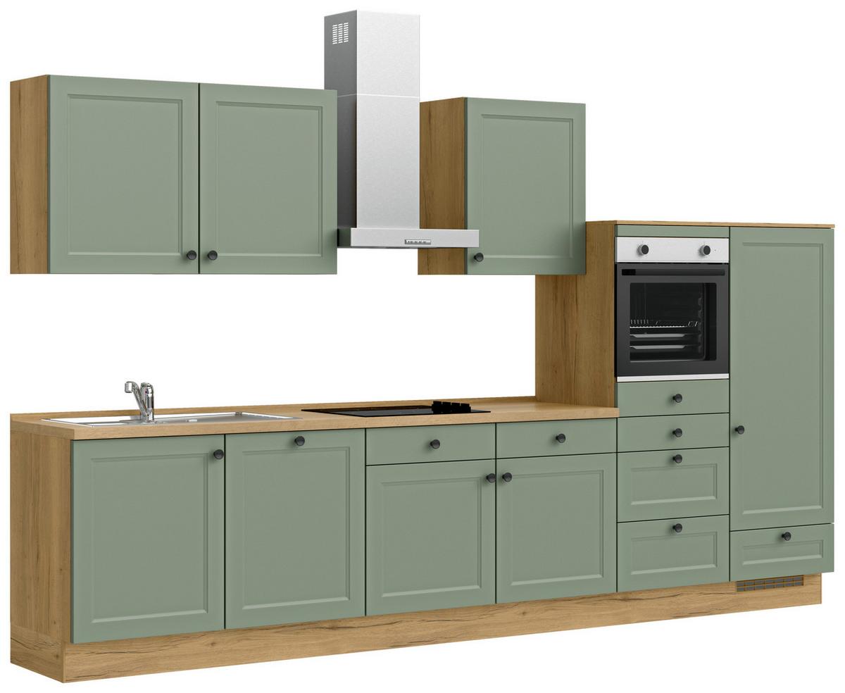 Küchenblock Cascada Low m. Geräten Schilfgrün - Schilfgrün/Eichefarben, MODERN, Holzwerkstoff/Metall (360cm) - Nobilia