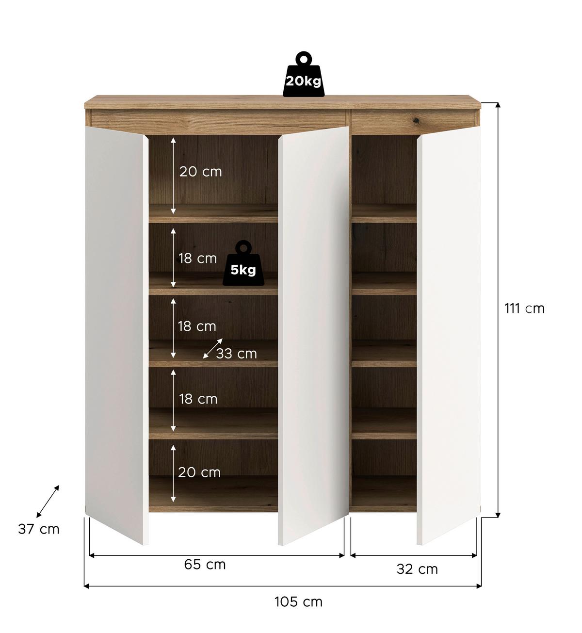 Schuhschrank Scarpa Weiß/Eiche - Eichefarben/Schwarz, Design, Holzwerkstoff/Kunststoff (105/111/37cm) - Livetastic
