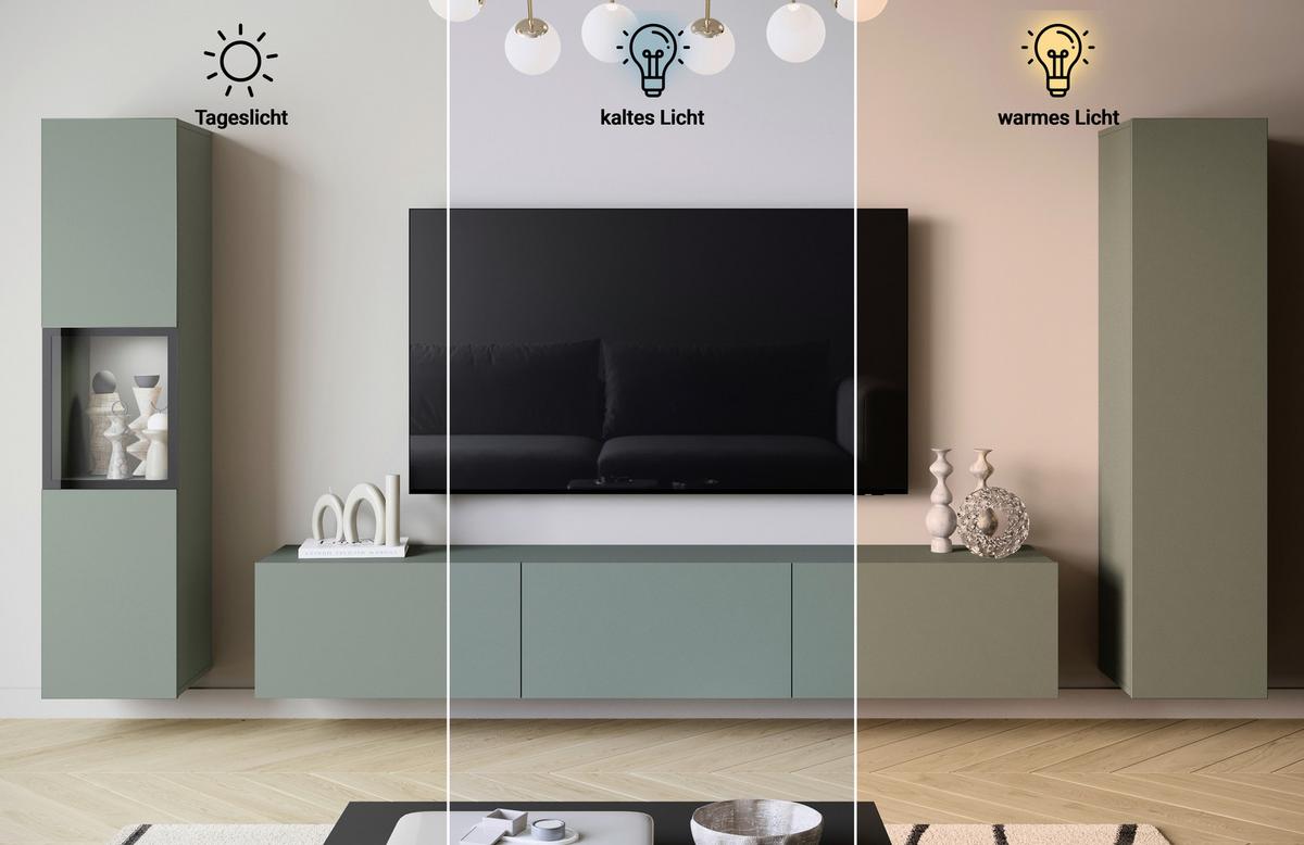 Ansamblu mobilier cameră de zi BERLIN - verde salvie, Design, sticlă/material pe bază de lemn (240/130/31cm) - P & B