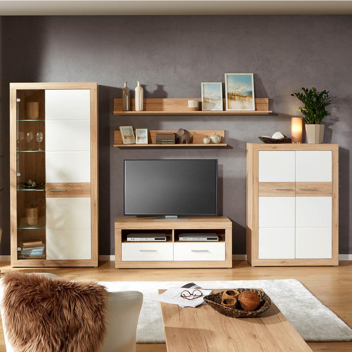 Vitrină Malta - alb/culoare lemn stejar, Modern (96/197/35cm) - Modern Living