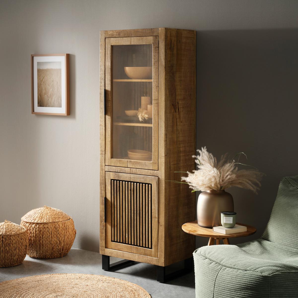 Vitrine Everest in Naturfarben/Schwarz - Schwarz/Naturfarben, Natur, Glas/Holz (60/180/40cm) - Zandiara