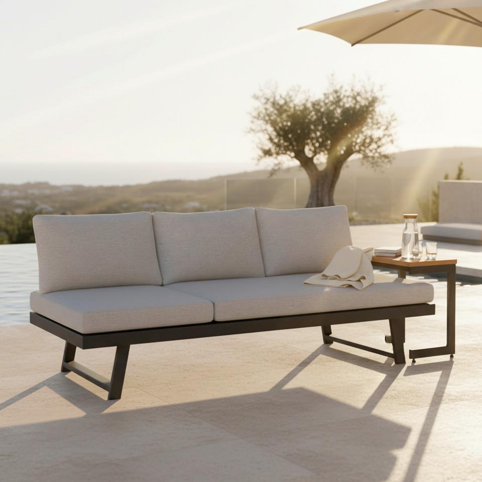 Gartenliege Loan Grau Holz Metall/Outdoorstoff +Tisch - Dunkelgrau/Anthrazit, MODERN, Holz/Textil (210/84/78cm) - Bessagi Garden