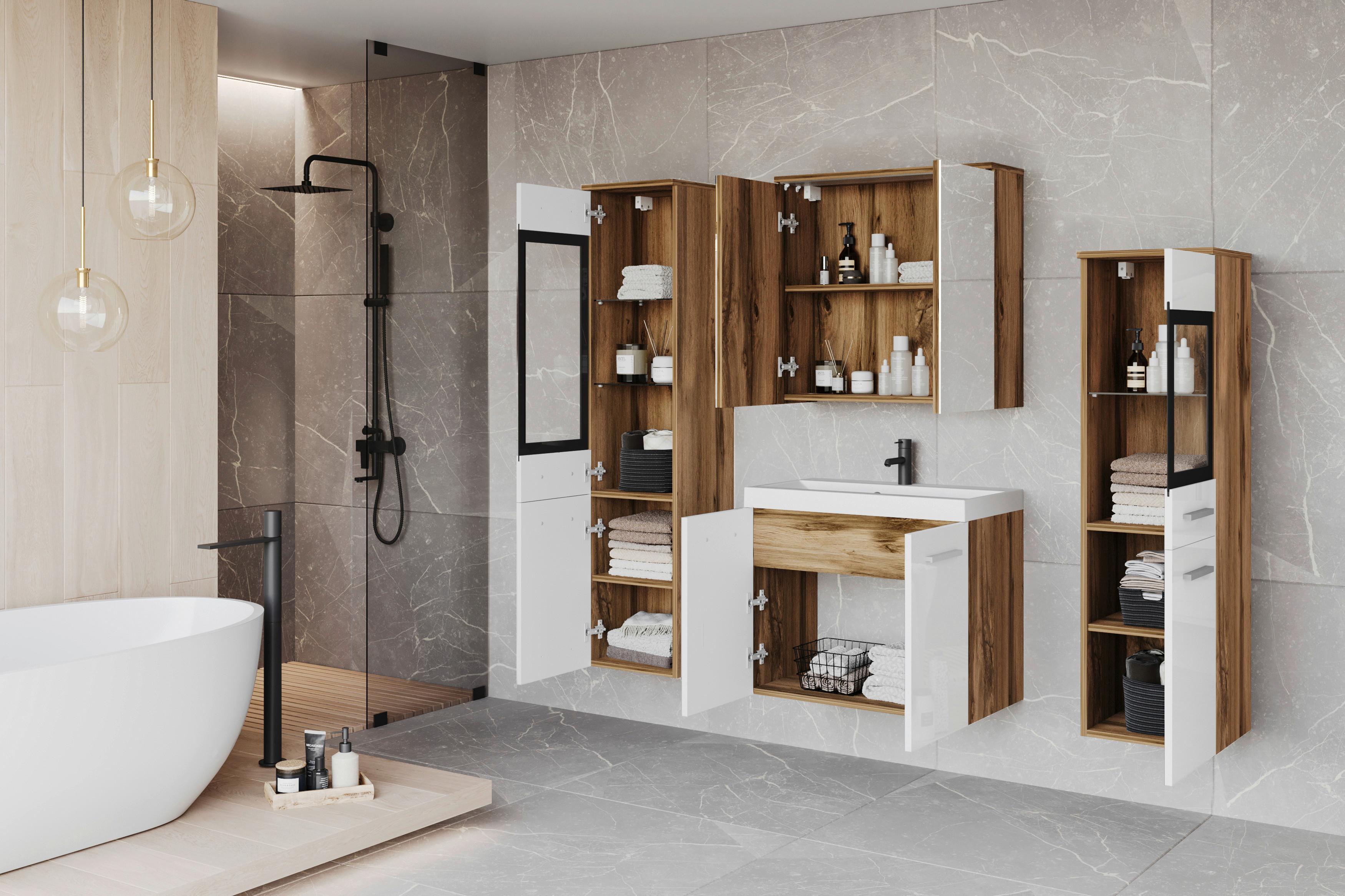 Badezimmer Badset Madrit || - Weiss/Eiche Wotan, Lifestyle, Glas/Keramik (120cm) - P & B