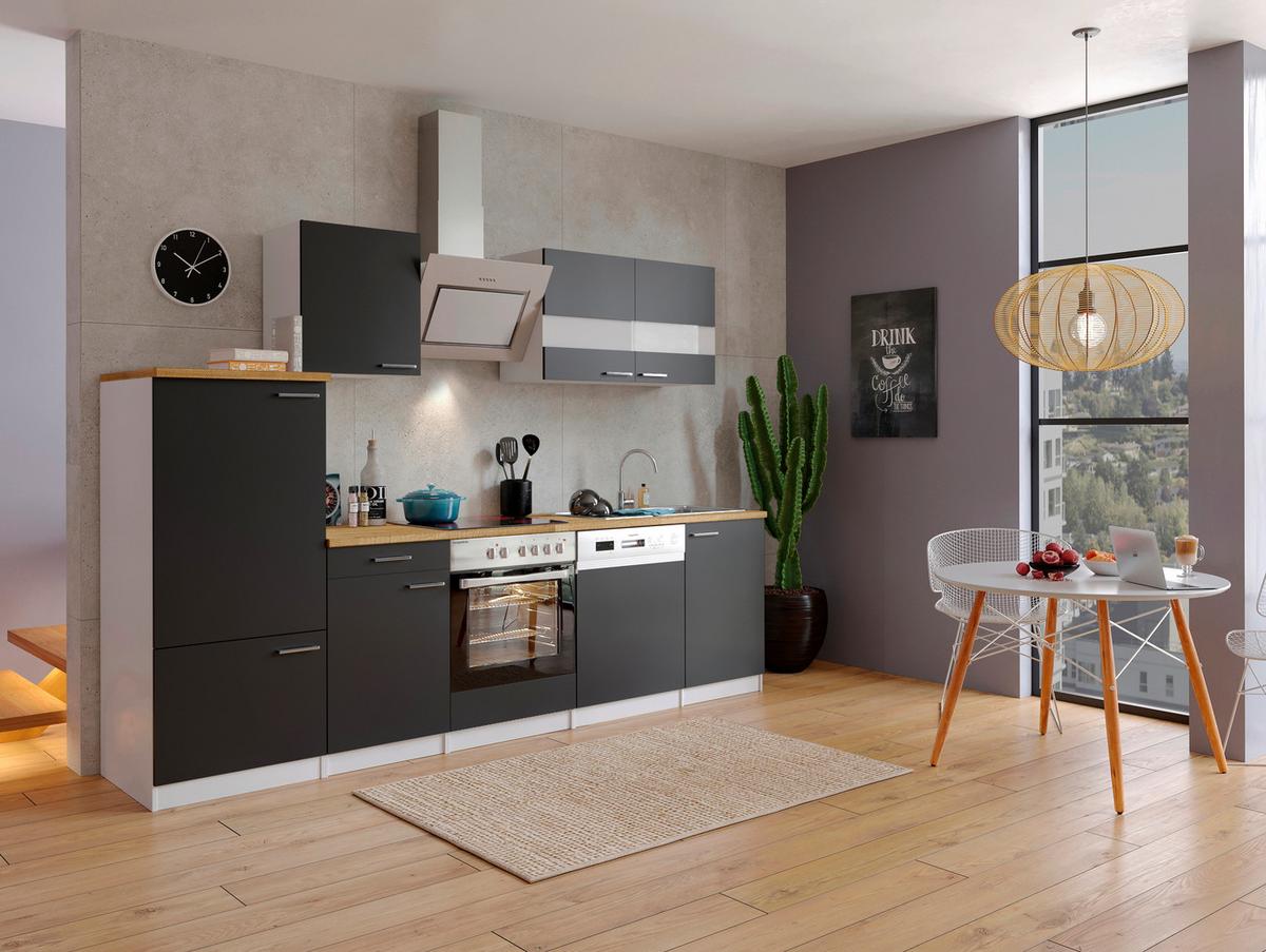 Küchenzeile Economy m. Geräten Schwarz/Nussbaum B: ca. 280 cm - Edelstahlfarben/Nussbaumfarben, Basics, Holzwerkstoff/Metall (280cm) - Respekta