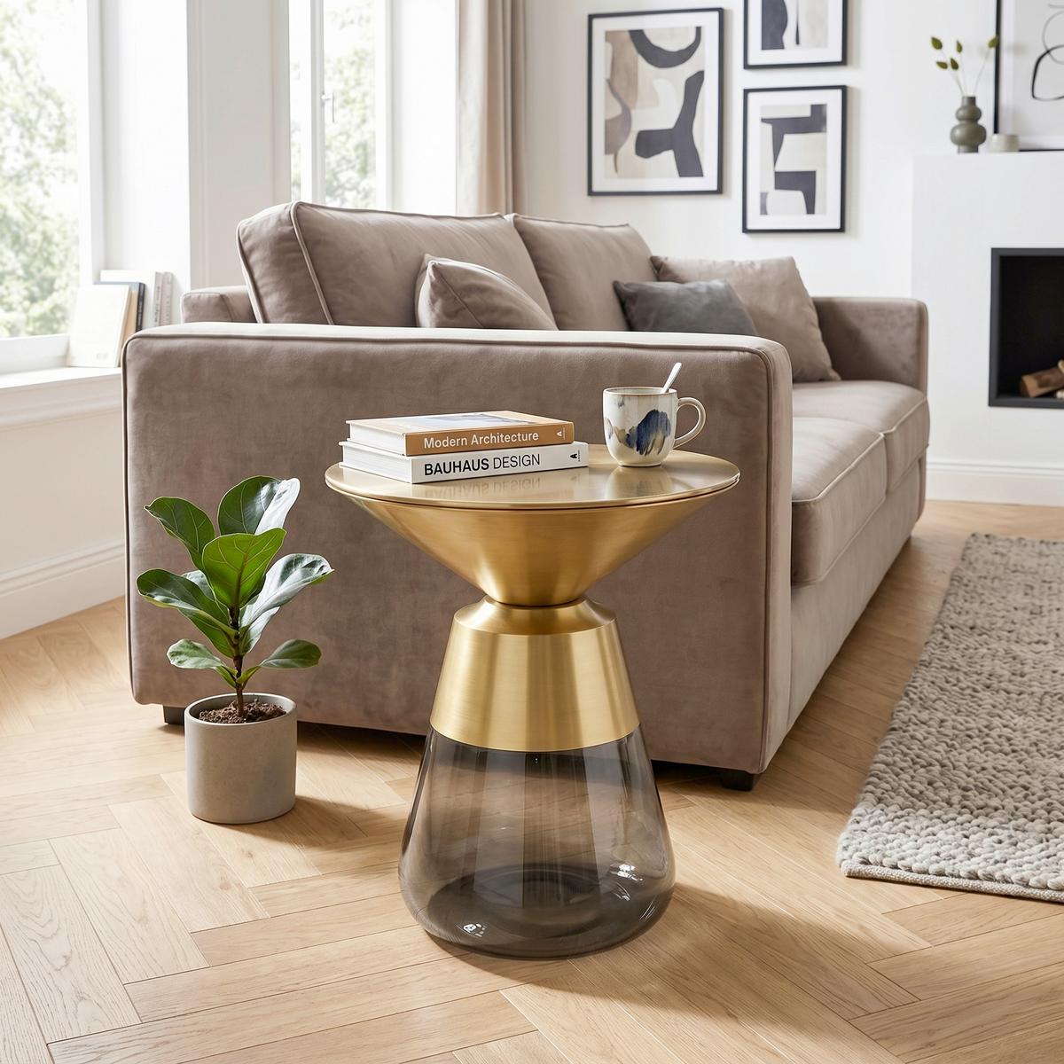 Kisasztal Baily - aranyszínű/szürke, Romantik / Landhaus, üveg/fém (48/48/55cm) - Premium Living