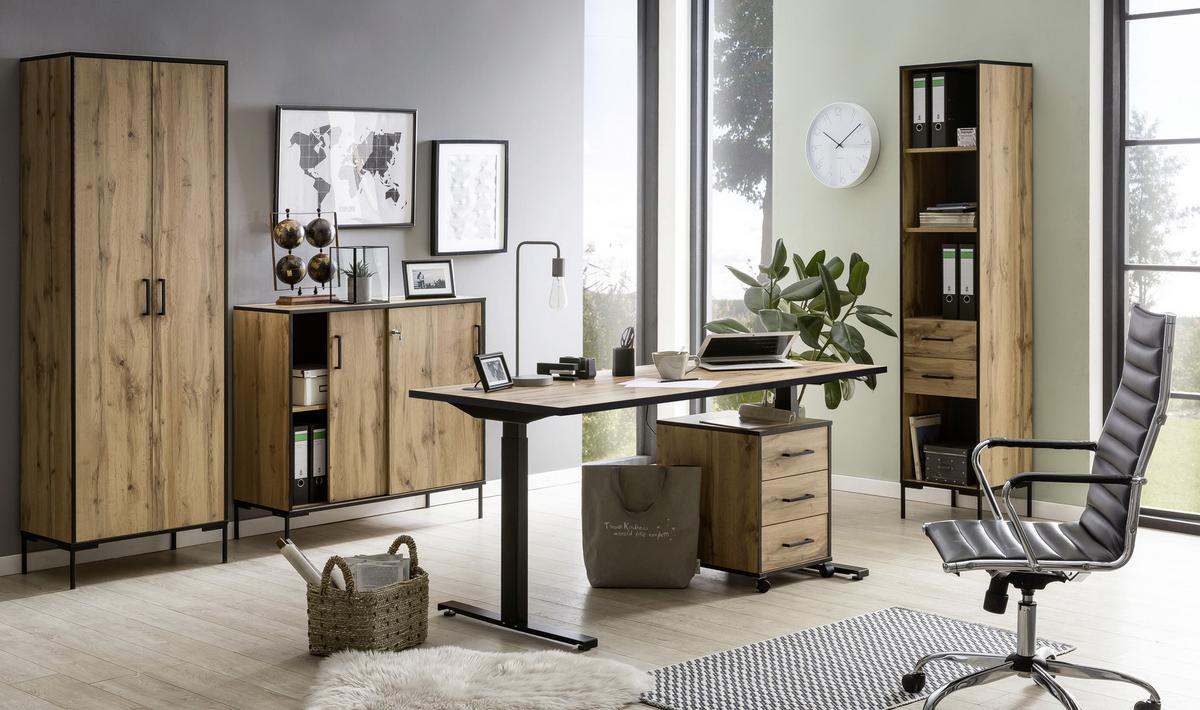 Schreibtisch Serie 2000 ca 160x75 cm Eiche - Eichefarben/Schwarz, KONVENTIONELL, Holzwerkstoff/Metall (160/70,5-117/75cm) - MID.YOU