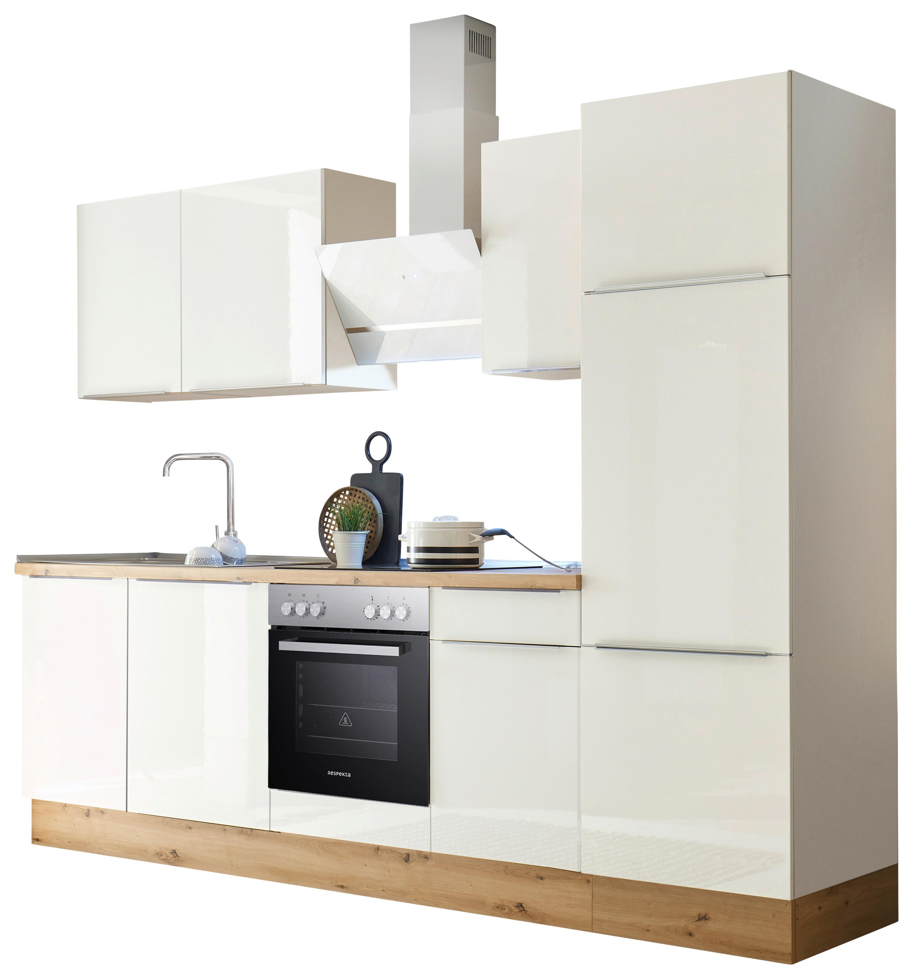 Küchenzeile mit Geräten Weiß Hochglanz B: ca. 280 cm - Weiß Hochglanz/Alufarben, LIFESTYLE, Holzwerkstoff/Kunststoff (280cm) - Respekta