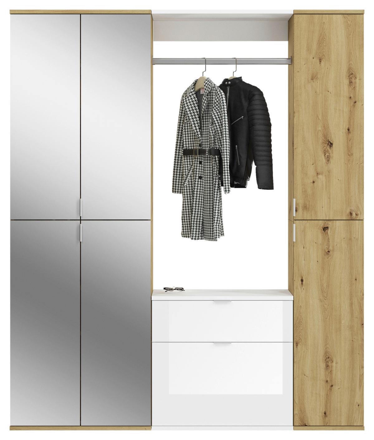 Predsoba Projekt X, Bela, Barva Hrasta, 3-Delno - bela/visoki sijaj, Konvencionalno, steklo/leseni material (152/193/34cm) - MID.YOU