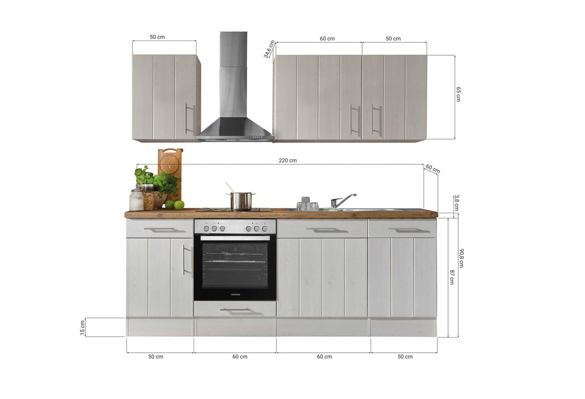 Küchenblock Anton Landhaus ohne Geräte ca. 220 cm Weiß - Wildeiche/Edelstahlfarben, Basics, Holzwerkstoff/Metall (220cm) - Respekta