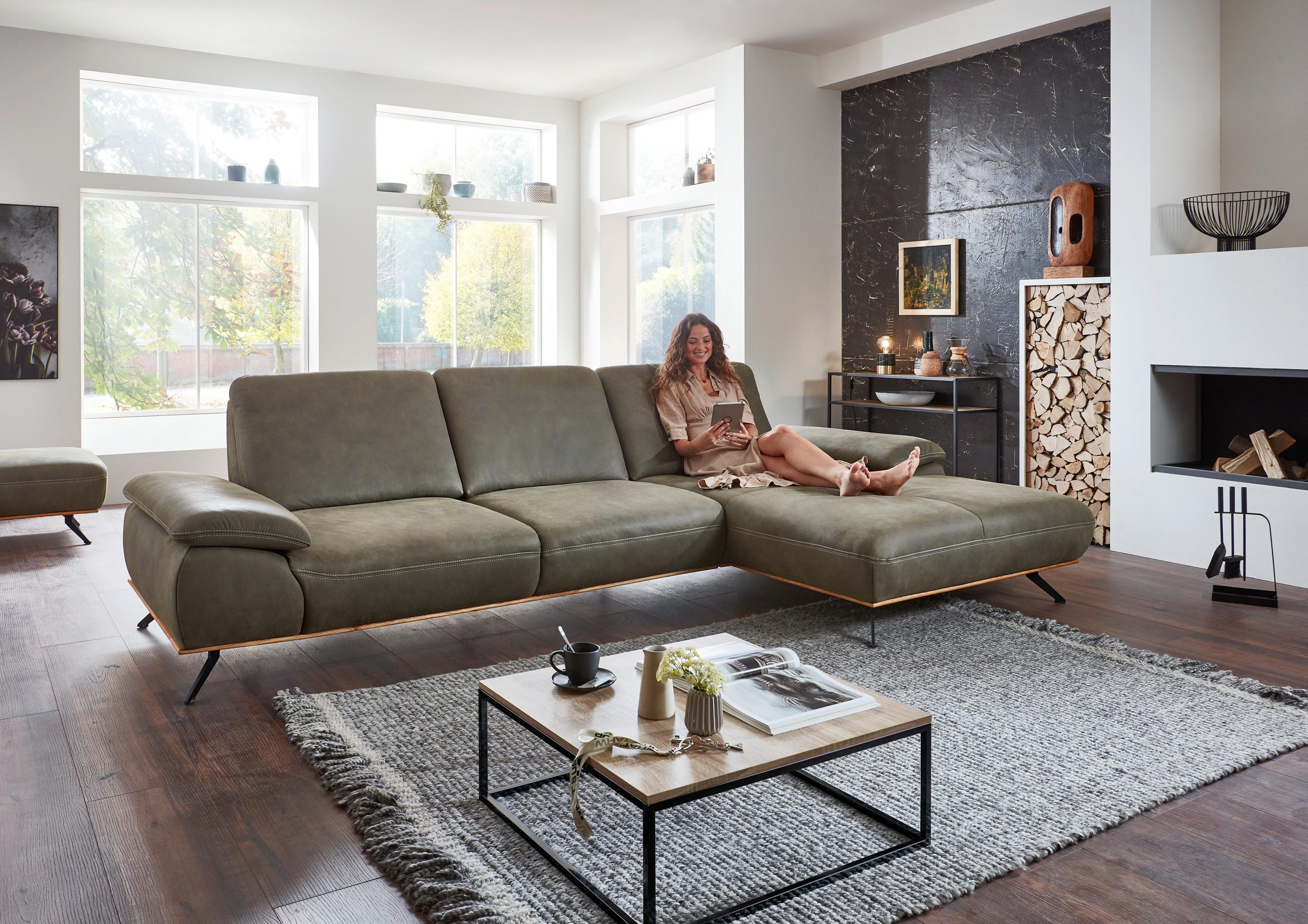 Wohnlandschaft Erling in Leder Olive - Beige/Schwarz, MODERN, Leder/Metall (322/89/187cm) - Premium Living
