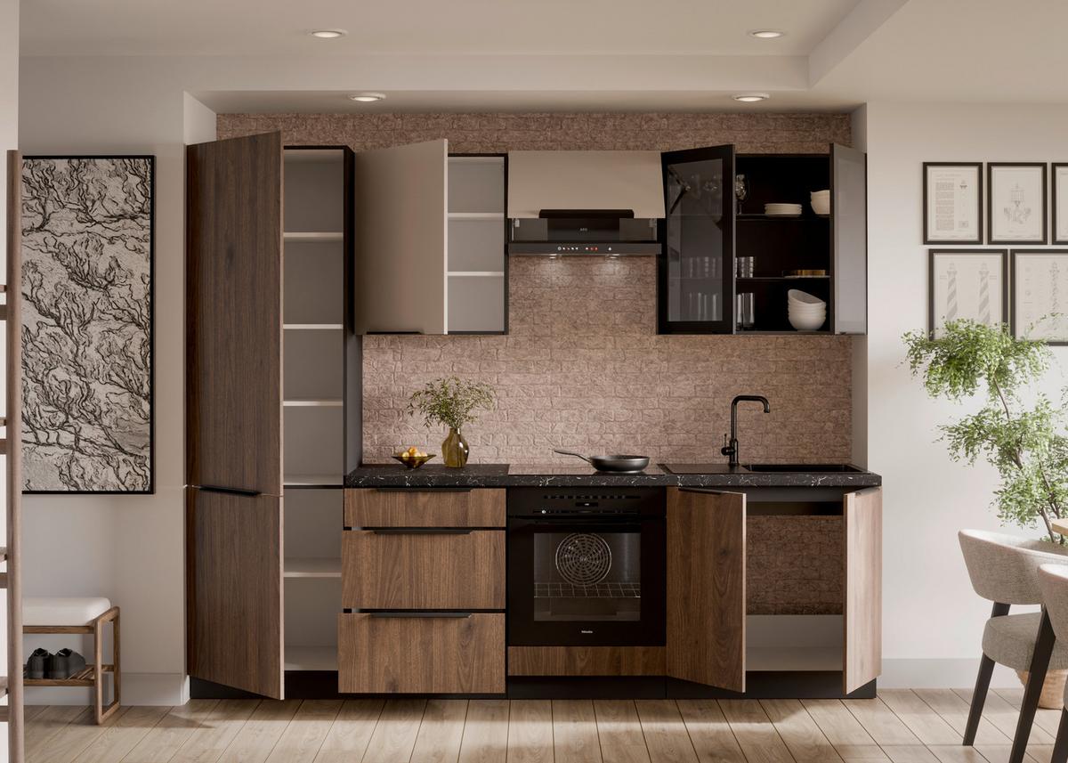 Bucatarie fara electrocasnice MONZA/ARONA - cașmir/culoare lemn de nuc, Modern, sticlă/material pe bază de lemn (260/210/60cm) - Modern Living