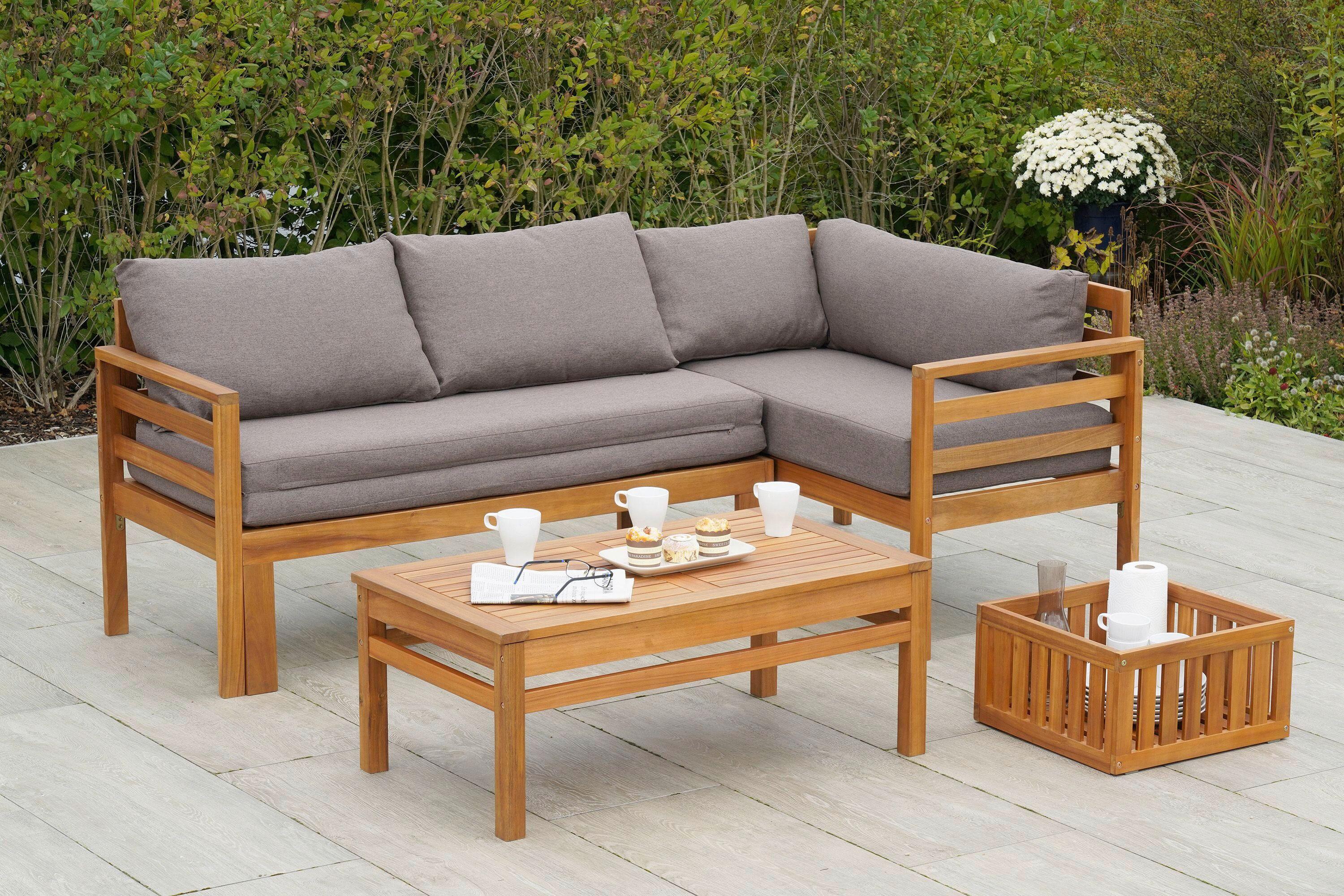 Gartenset Brasilia Echtholz - Grau/Akaziefarben, KONVENTIONELL, Holz/Textil - Gardenson
