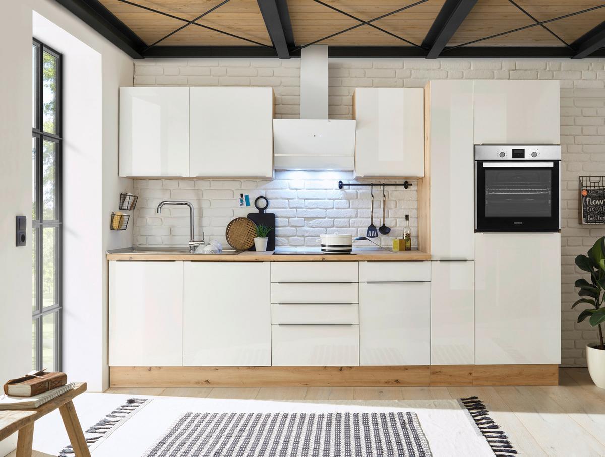 Küchenblock Marleen m. Geräten Weiß B: ca. 310 cm - Weiß Hochglanz/Alufarben, LIFESTYLE, Holzwerkstoff/Kunststoff (310/211/60cm) - Respekta