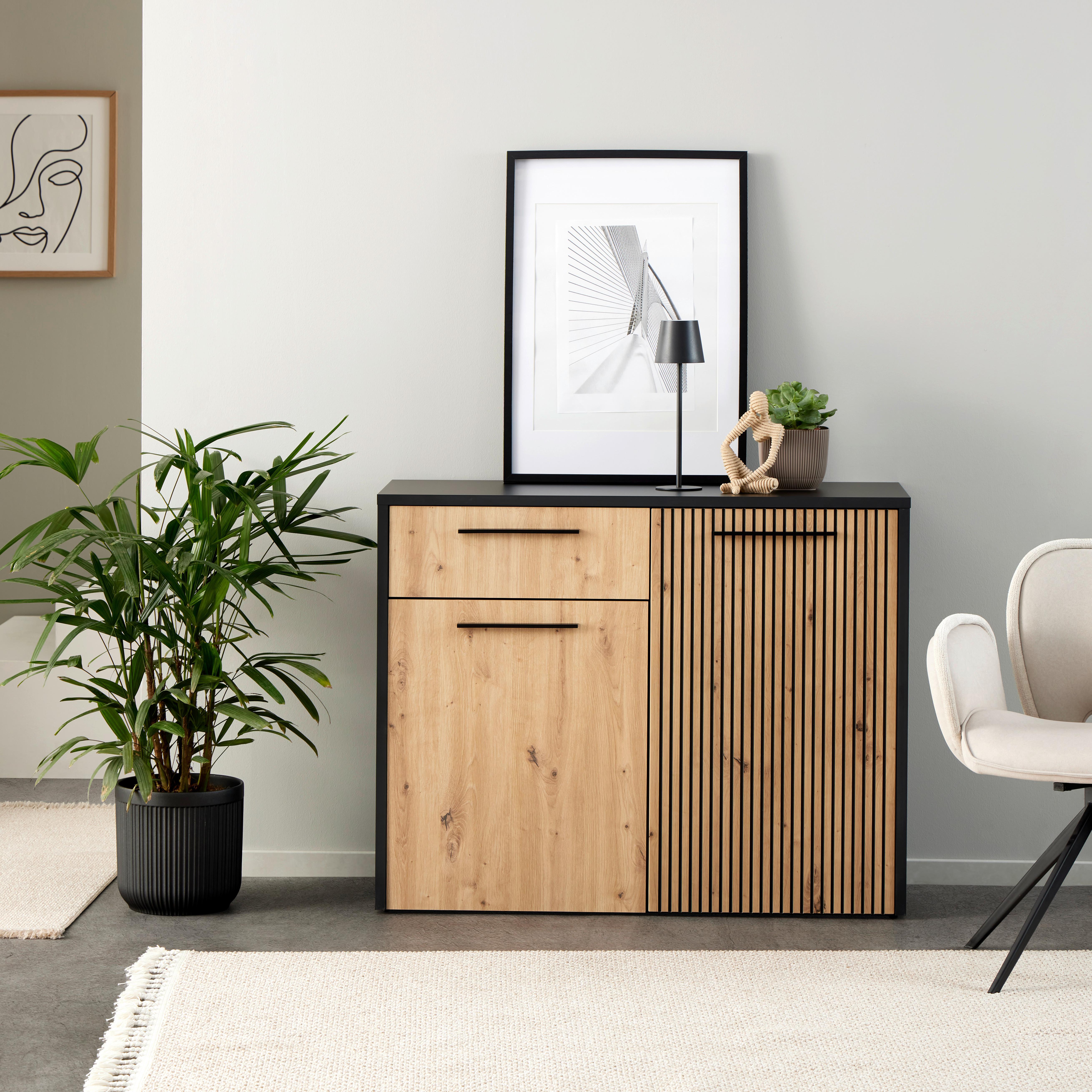 Komoda Louis Louis - črna/barve hrasta, Trend, umetna masa/leseni material (110,5/88/42cm)