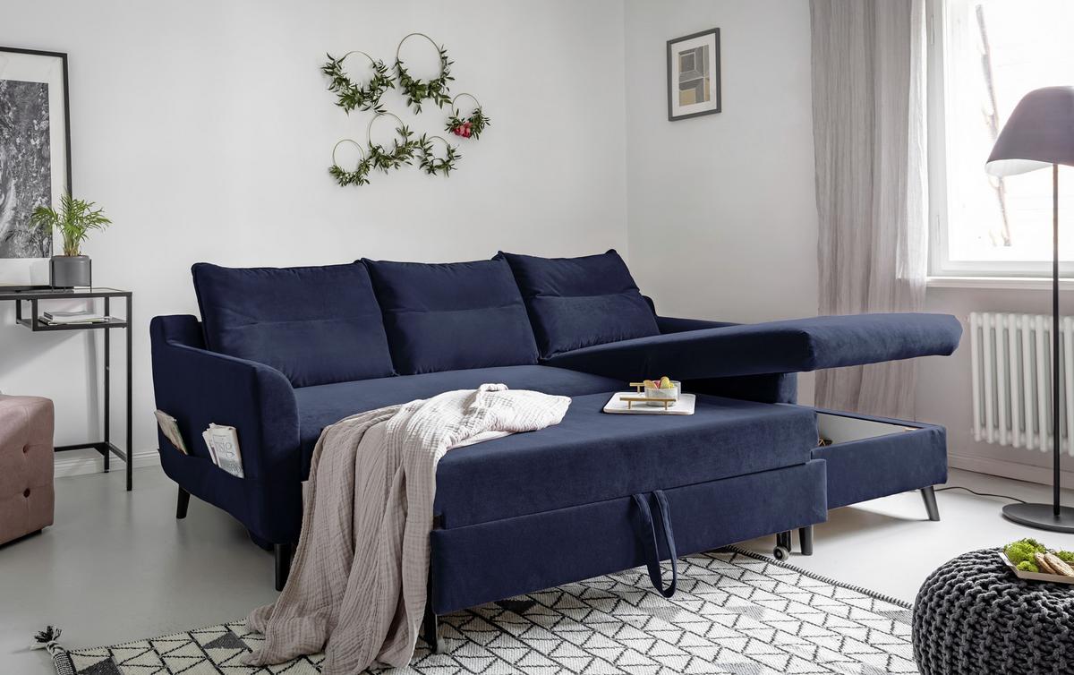Eckschlafsofa in Dunkelblau ´STYLISH STAN DUNKELBLAU´ - Schwarz/Dunkelblau, Basics, Holz/Textil (230/150cm) - MID.YOU