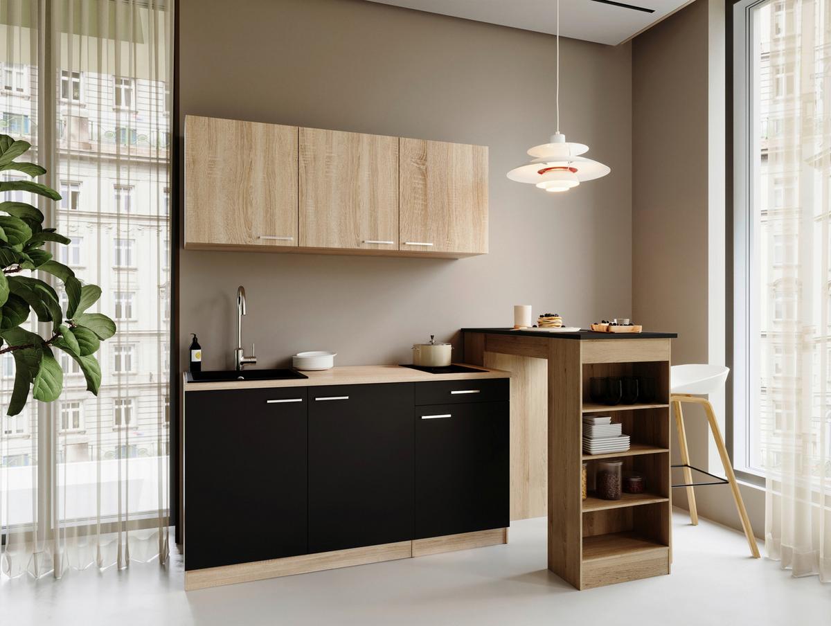 Miniküche Ingrid m. Gerät ca. 150cm Schwarz - Eichefarben/Schwarz, Design, Holzwerkstoff/Kunststoff (150cm) - Respekta