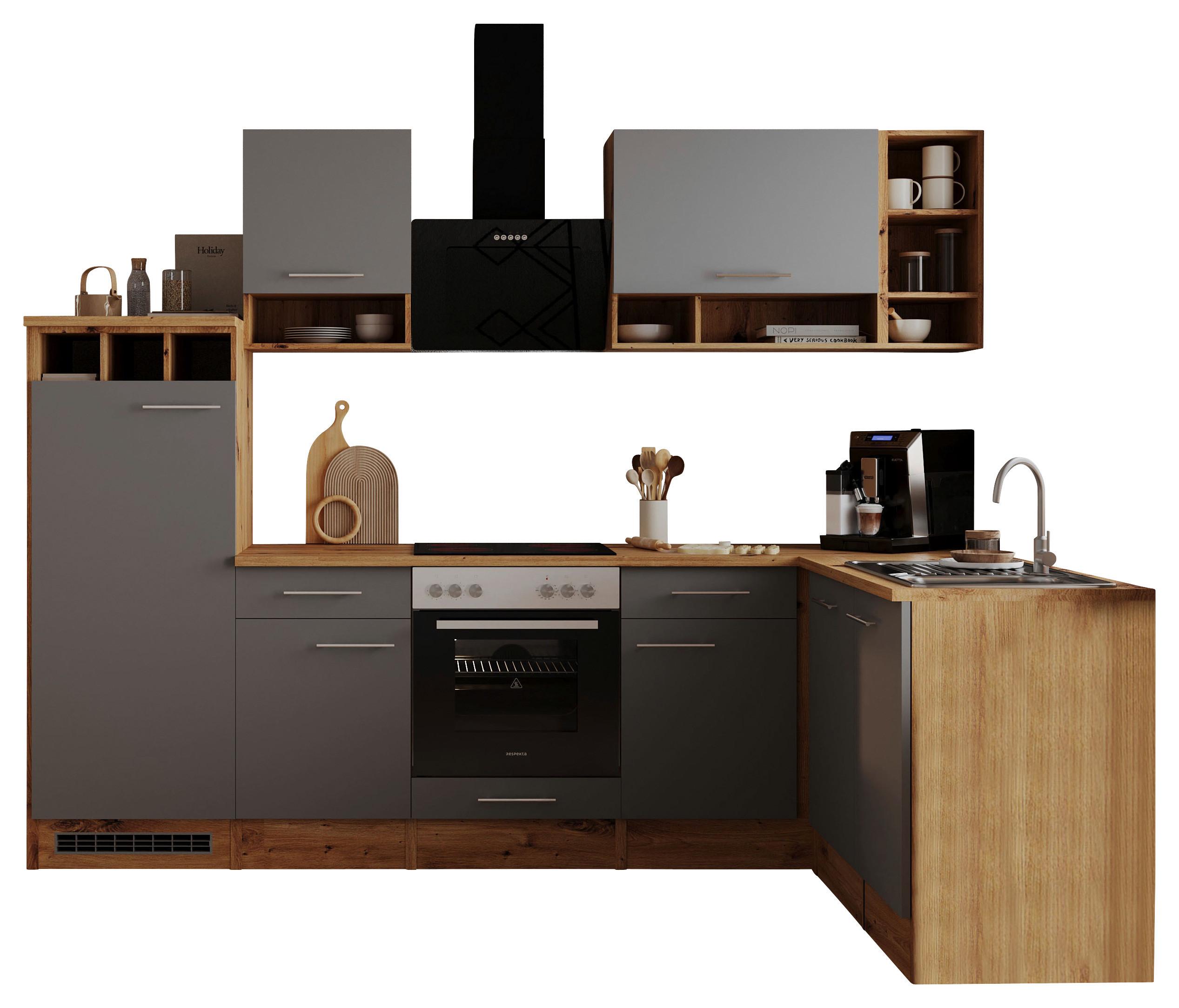 Eckküche Economy Grau/Wildeiche ca. 280x172cm - Wildeiche/Alufarben, Basics, Holzwerkstoff/Metall (280/172cm) - Respekta