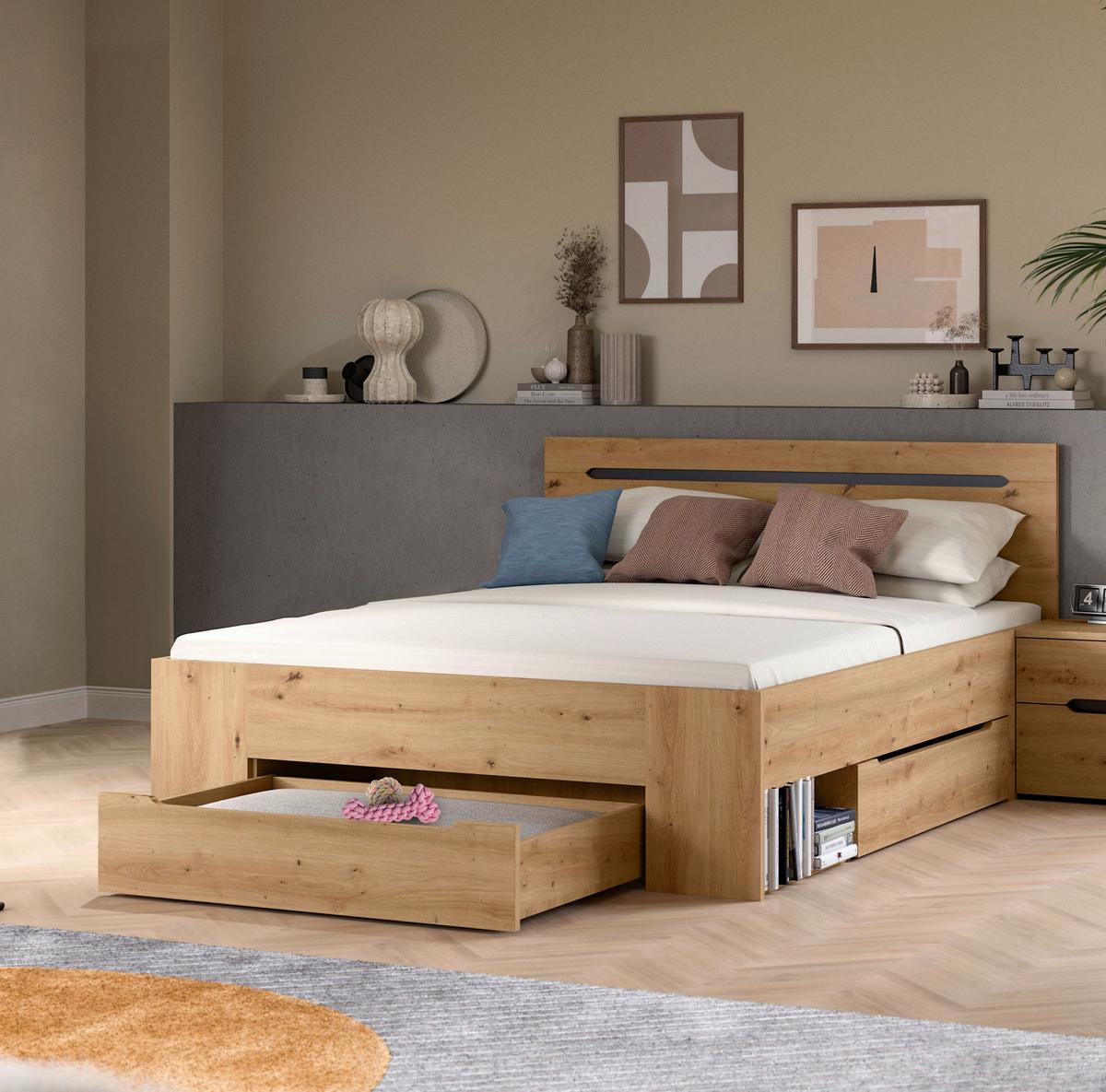 Bett CANU Eiche Artisan ca. 140x200 cm mit Stauraum - Eiche Artisan/Grau, MODERN, Holzwerkstoff (140/200cm) - MID.YOU
