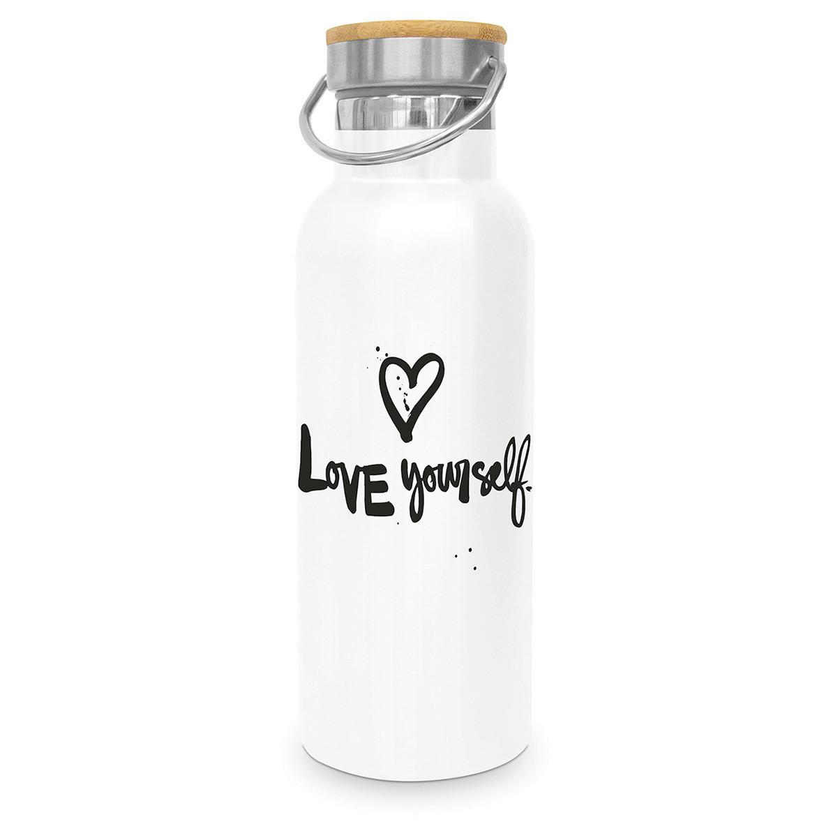 Thermosflasche Love yourself ca. 500ml - Schwarz/Weiß, Metall (22,5cm)
