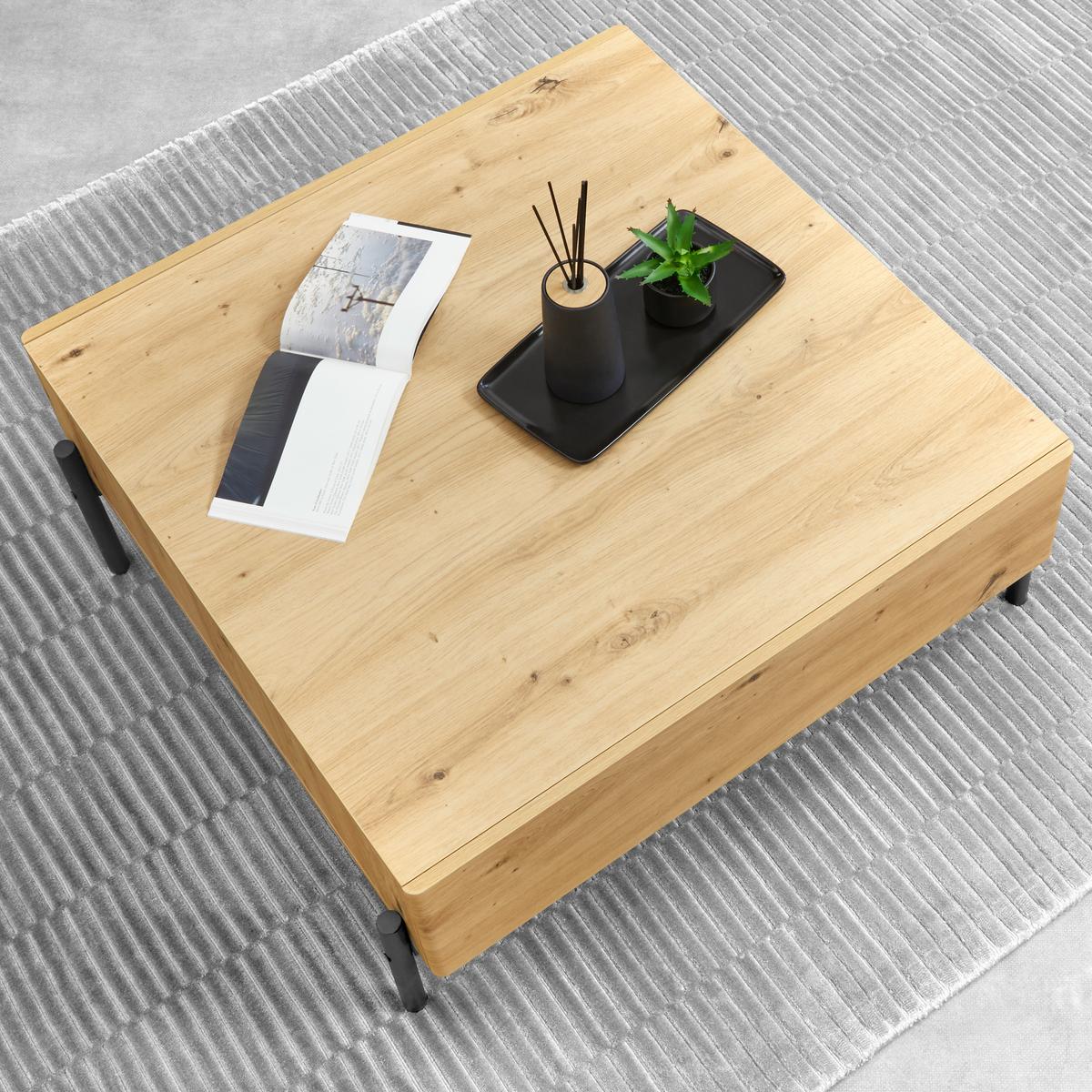 Couchtisch Holz "Jasmina", Massiv, Eiche, ca. 85x80 cm, - Eichefarben/Schwarz, Modern, Holz/Metall (85/80/37cm) - Bessagi Home