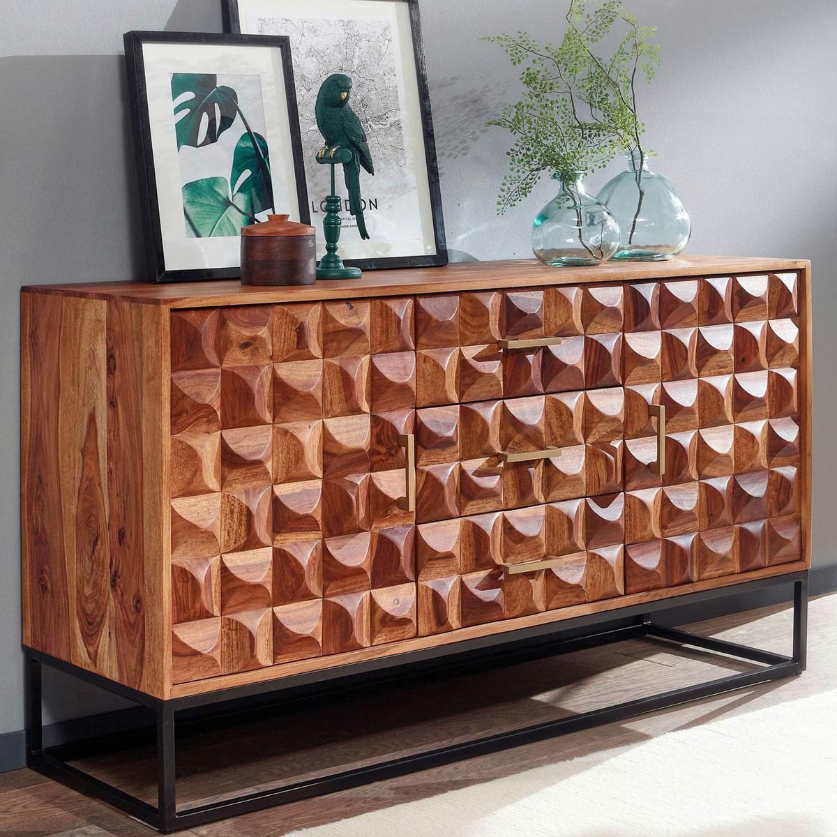 Komoda Wohnling, Pravi Les - zlate barve/črna, Design, kovina/les (145/81/45cm) - MID.YOU