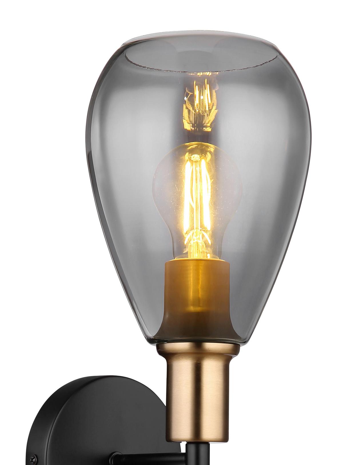 Wandleuchte Fanni in Grau/Schwarz/Messing max. 40W - Messingfarben/Schwarz, Design, Glas/Metall (15/19/48cm) - Globo